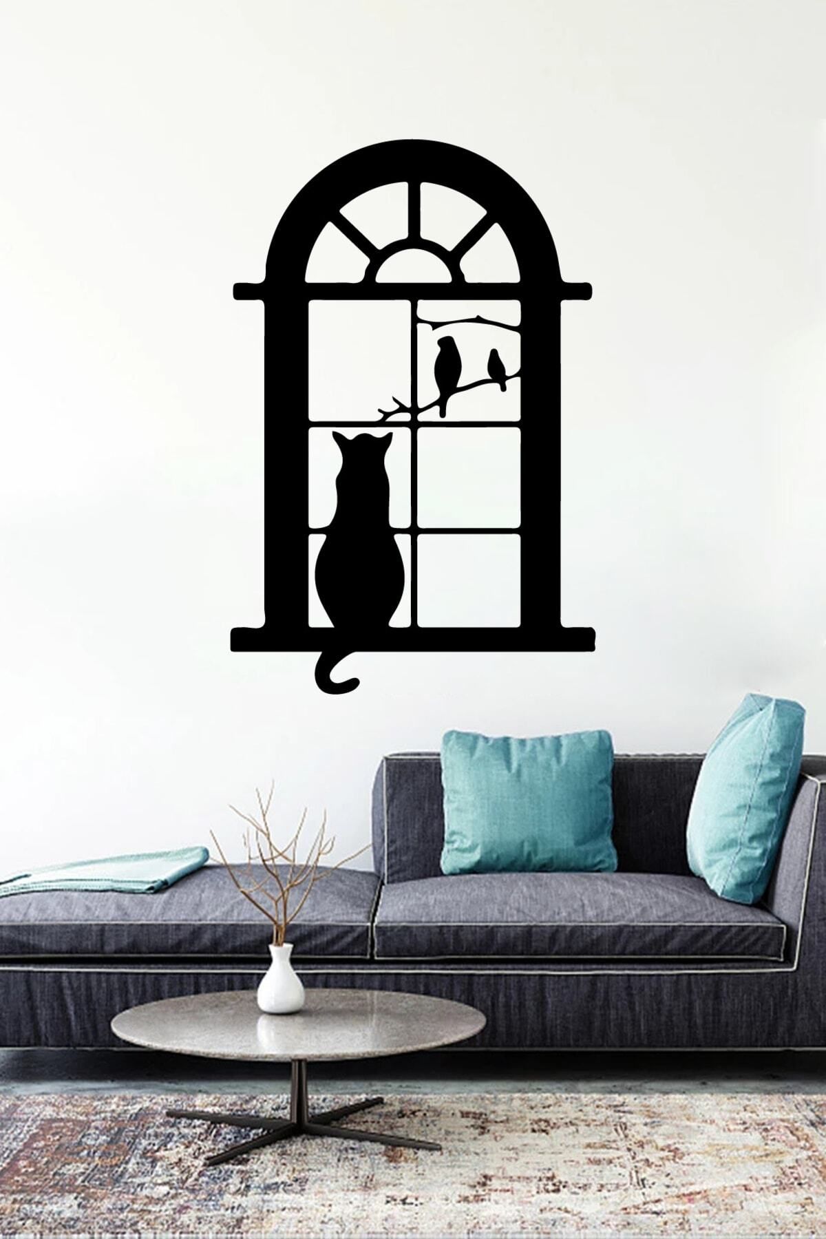 MLH STORE Pencerede Oturan Kuşları Izleyen Kedi Duvar Sticker Yapıştırma (SUDAN VE NEMDEN ETKİLENMEZ)