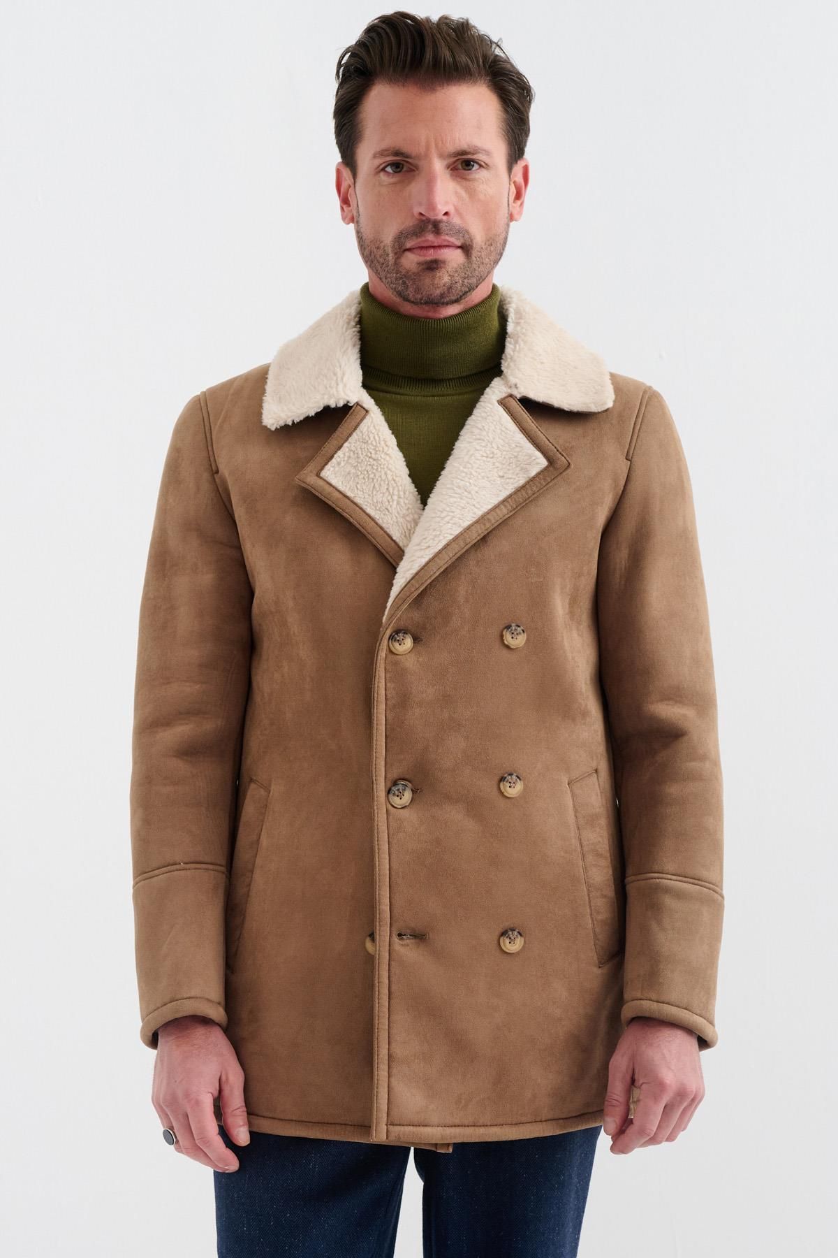 Pierre Cardin-Nolan Regular Fit Fur Lined Buttoned Folded Collar Classic Brown Suede Coat with Side Pockets 5