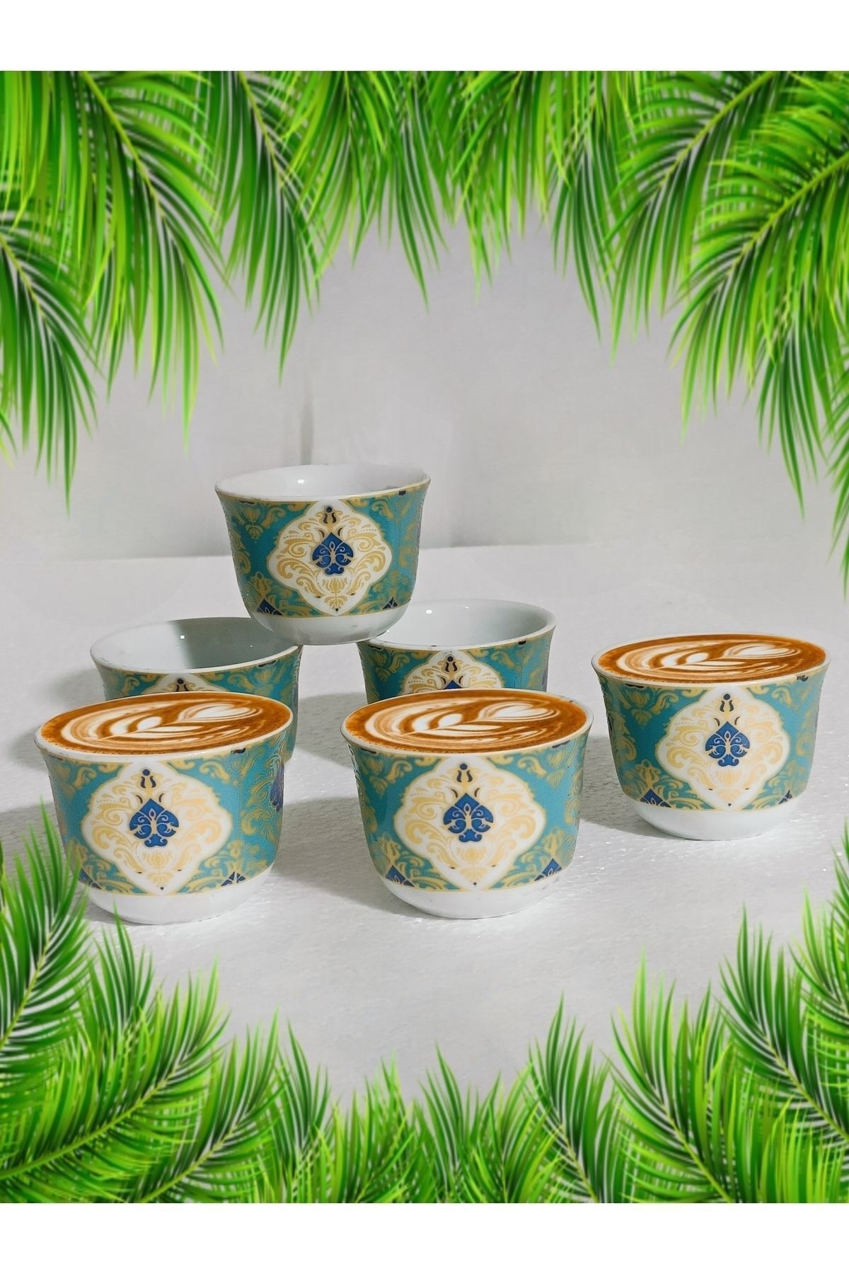 SAMSA-Green Cup Patterned - Embroidered Model Porcelain Mirra Handleless 6 Pcs 4