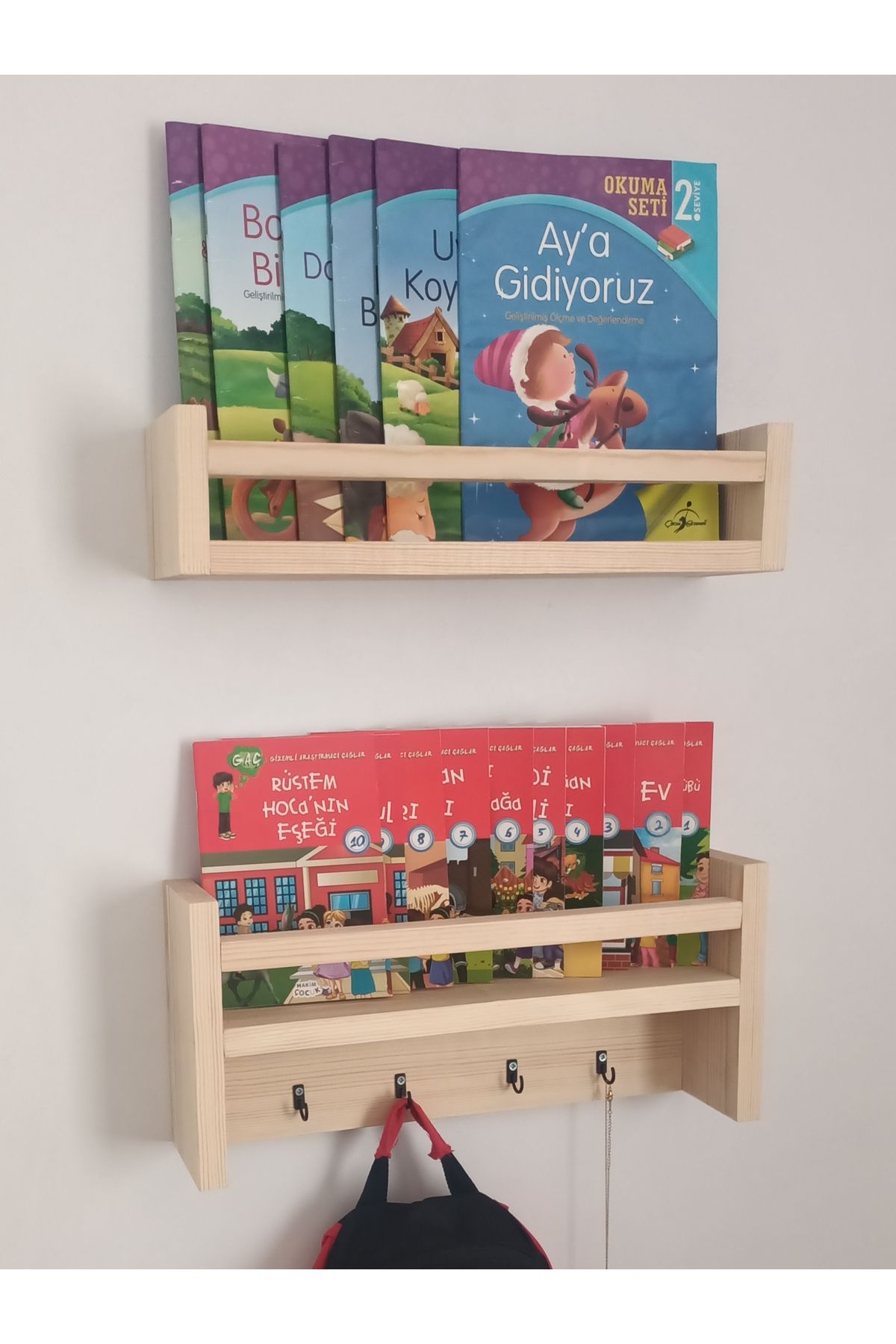 SERAHŞAP Ahşap Montessori Çocuk Odası Kitaplık  Duvar Raf 2 li Set