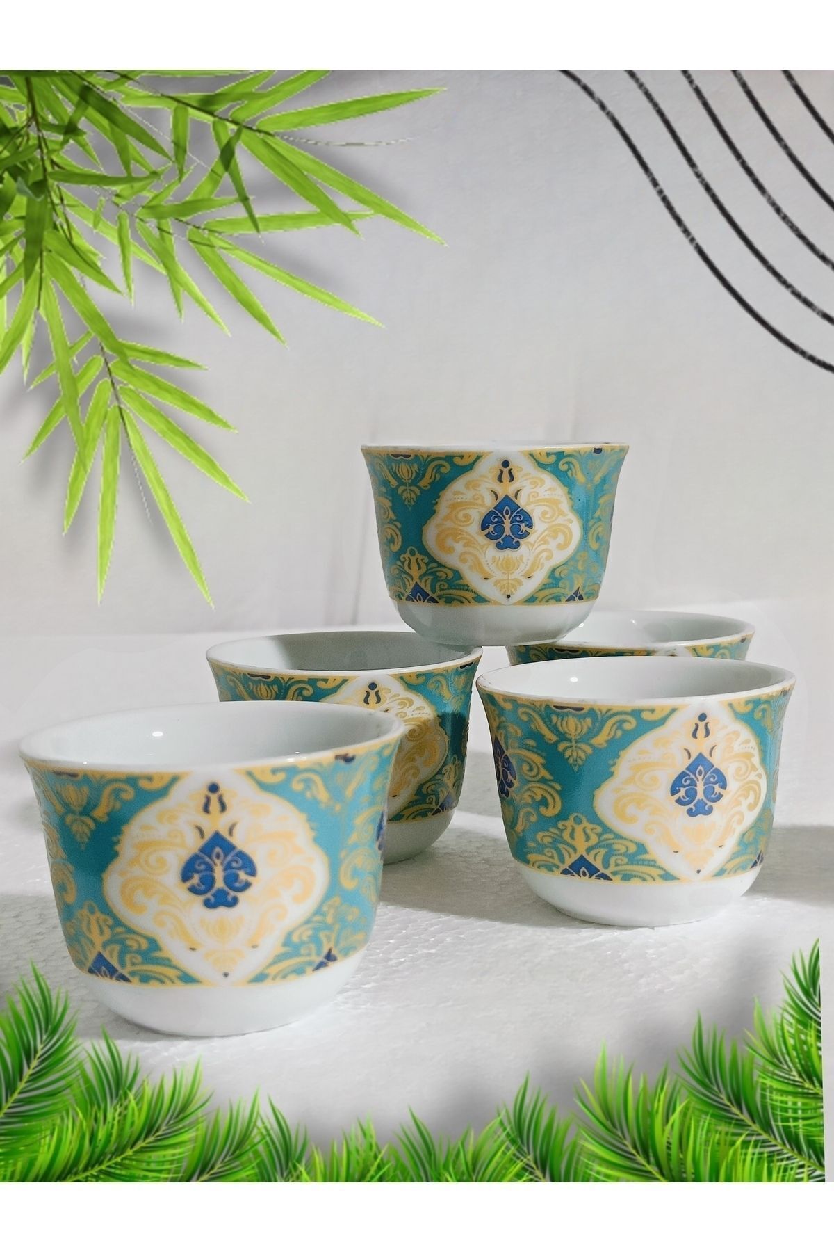 SAMSA-Green Cup Patterned - Embroidered Model Porcelain Mirra Handleless 6 Pcs 3