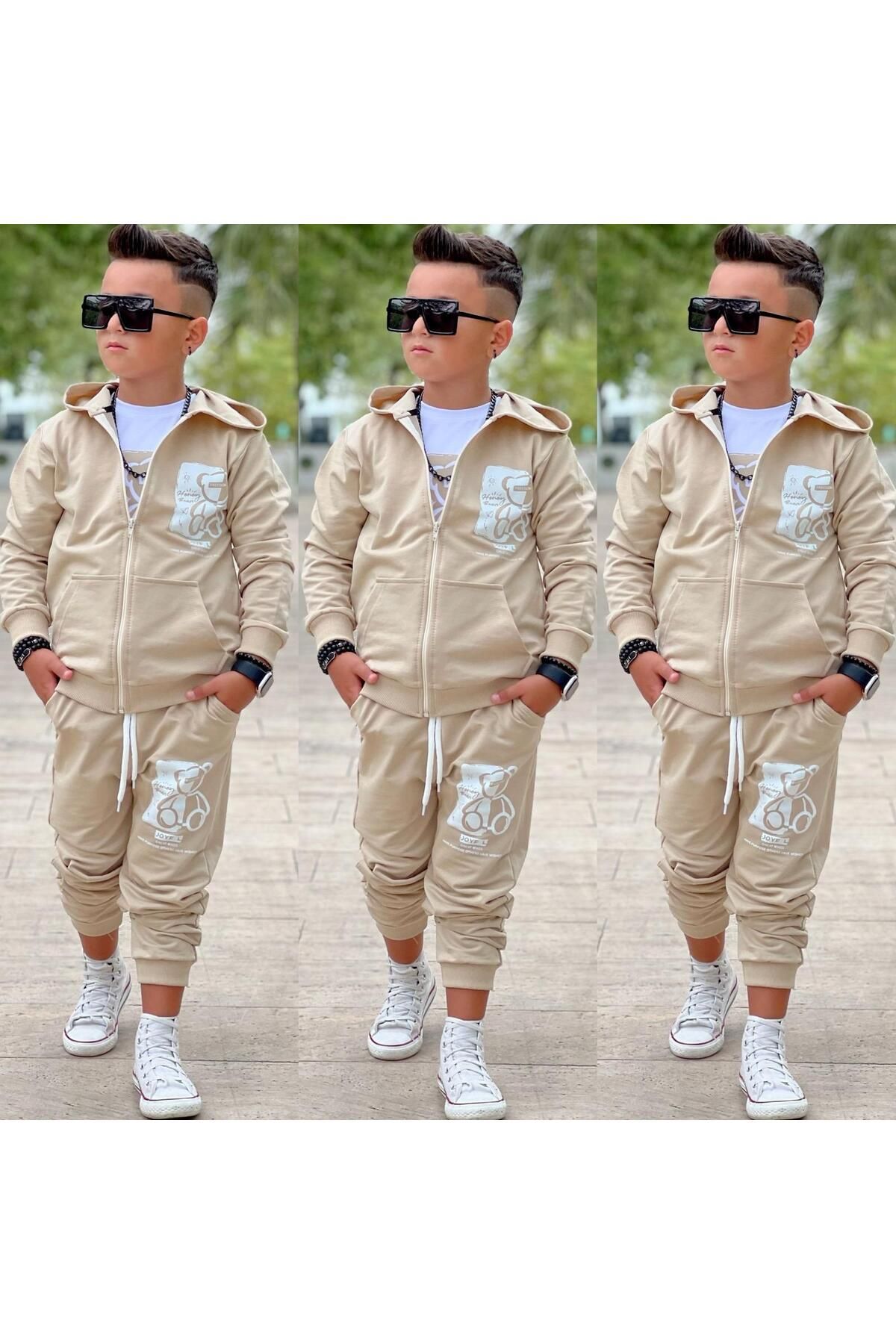 Burçak Butik-Hooded Zippered Print Detailed Boy's T-Shirt 3-Piece Bottom / Top Tracksuit Set 3