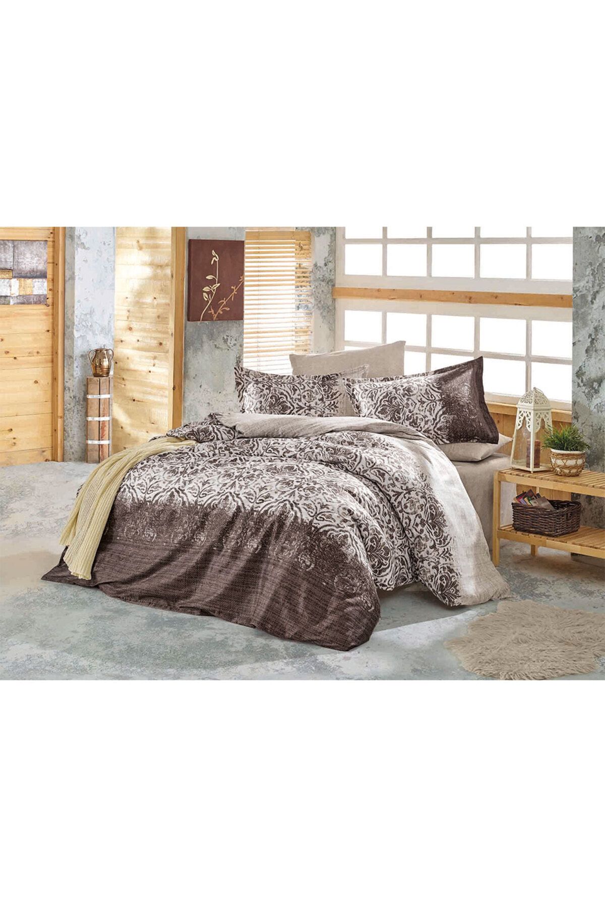 Homelux Lenjerie De Pat 2 Persoane, 100% Bumbac Satinat, Maro/alb - 200 x 220