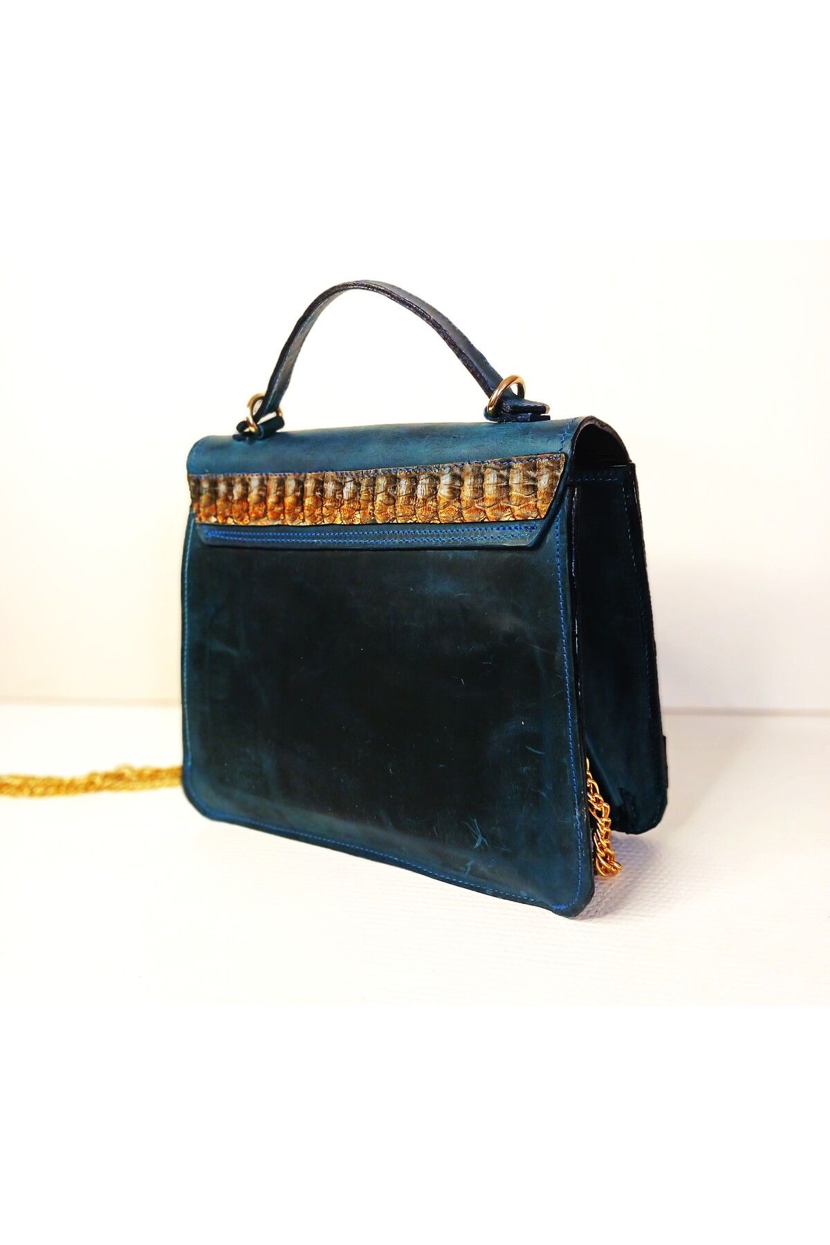 FEHANDEN COLLECTİON-Women's Genuine Leather Crazy Leather Evening Dress Navy Blue Hand and Shoulder Bag 5