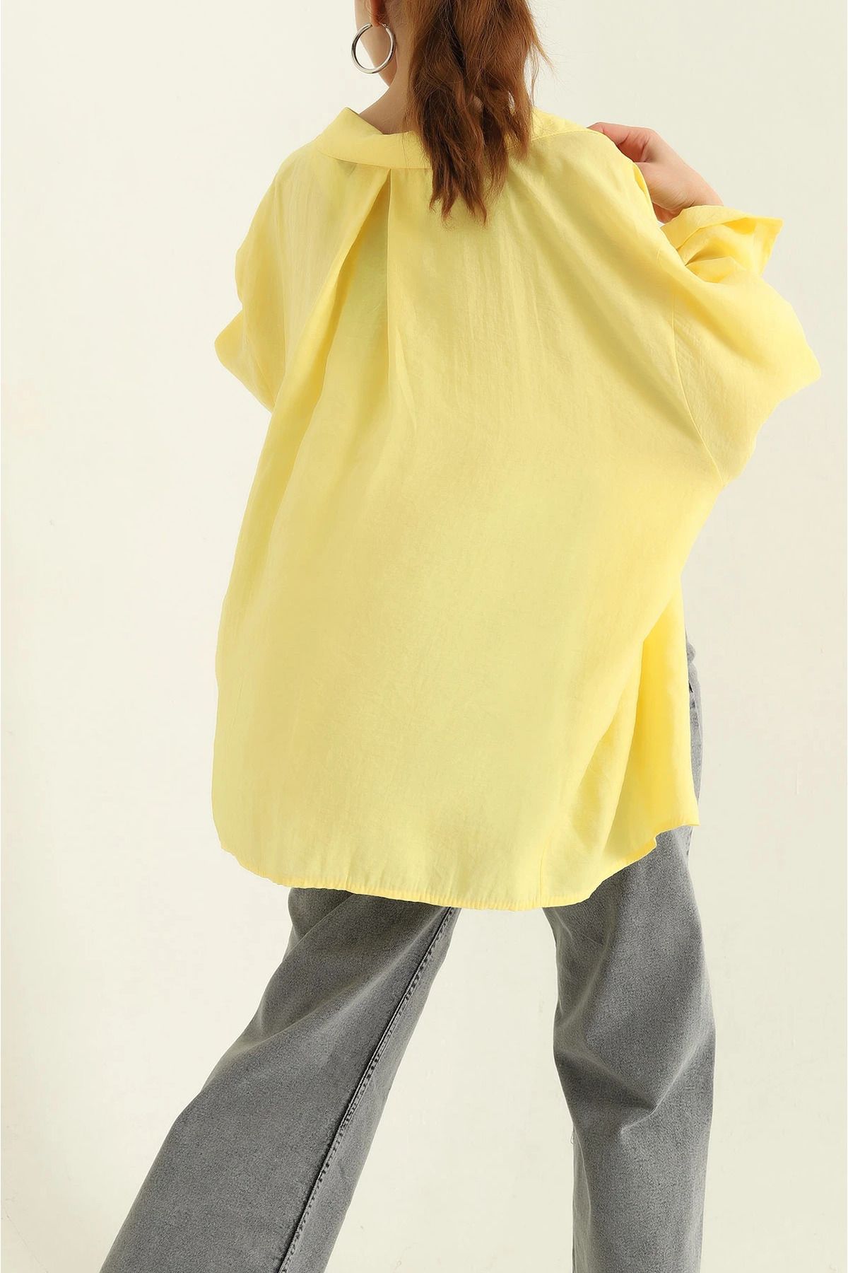 vuvutasarım-New Season Yellow Woven Linen Oversize Shirt 3