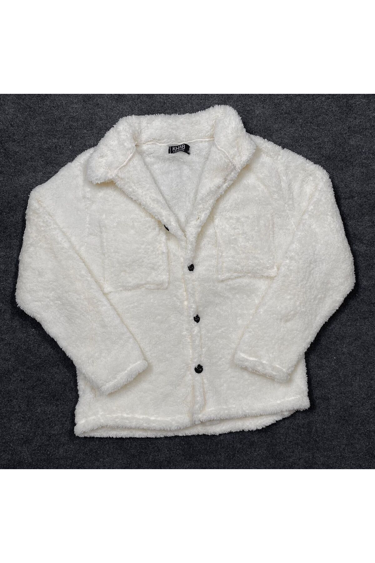 modabiraltı-Ecru Unisex Wellsoft Buttoned Pocket Plush Jacket 2