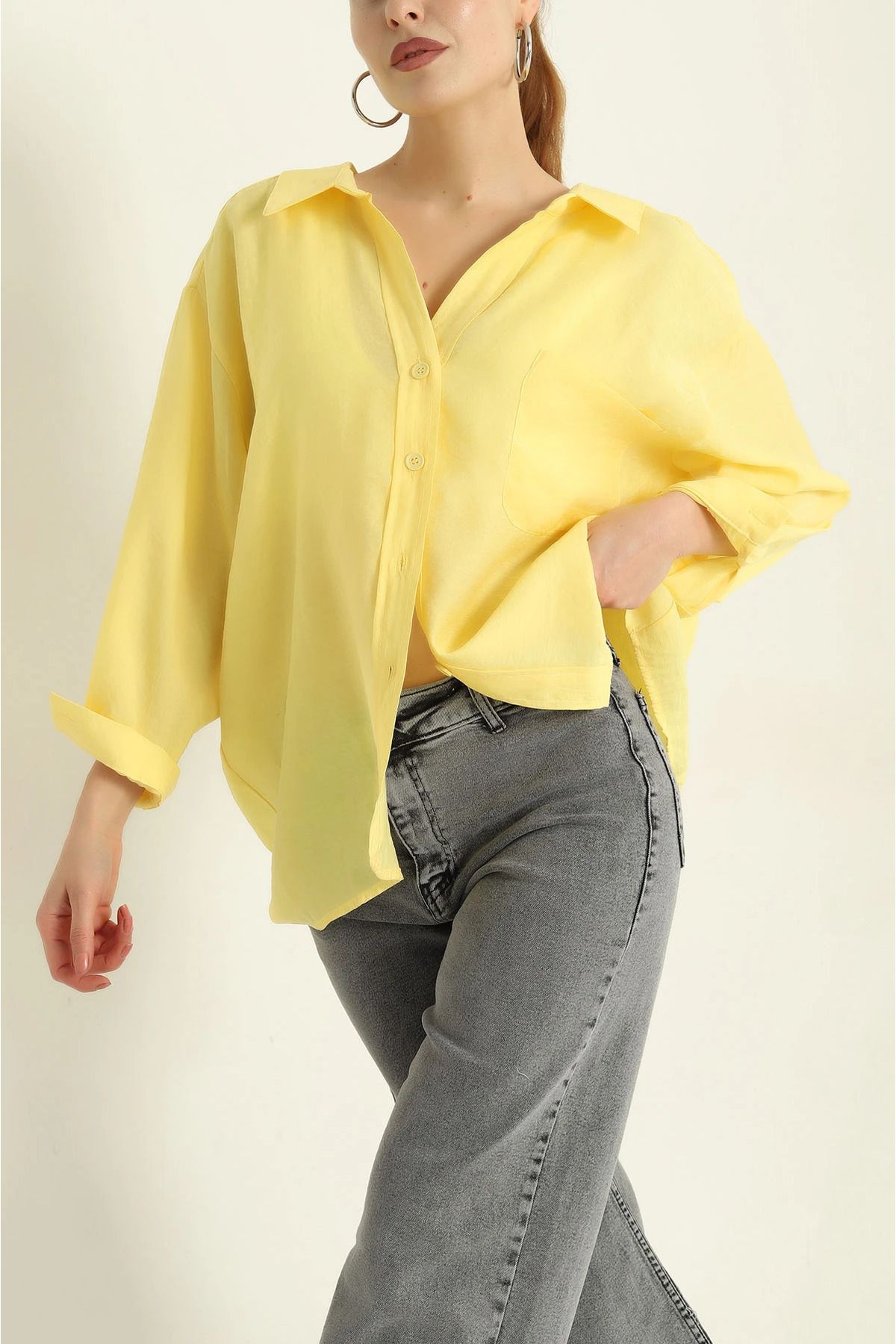 vuvutasarım-New Season Yellow Woven Linen Oversize Shirt 2