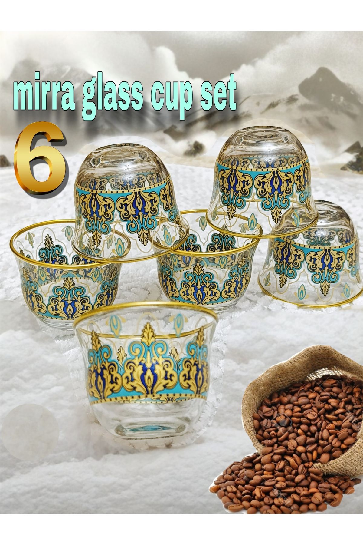 SAMSA-Gold Pearl Colored Patterned Pasabahce Glass Handle-Free Mirra Coffee Set 6 Seater 6