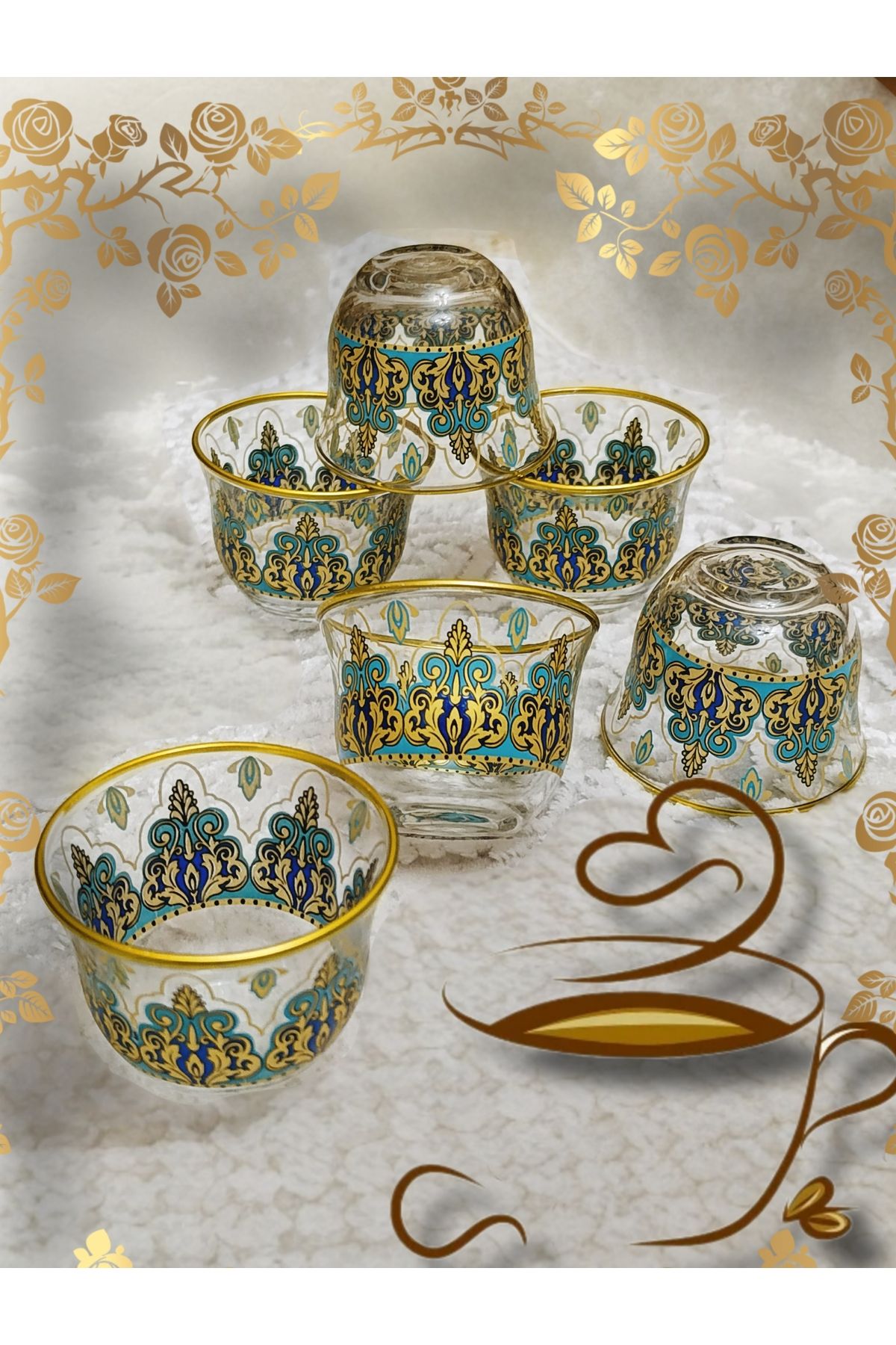 SAMSA-Gold Pearl Colored Patterned Pasabahce Glass Handle-Free Mirra Coffee Set 6 Seater 2