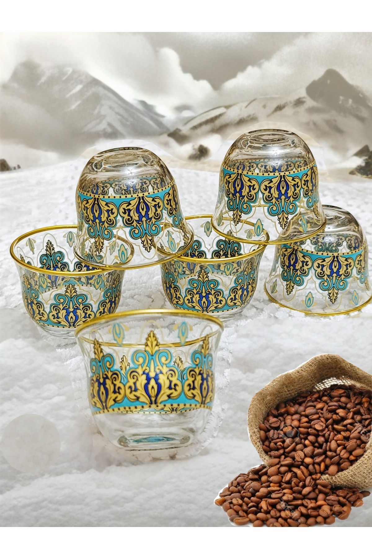 SAMSA-Gold Pearl Colored Patterned Pasabahce Glass Handle-Free Mirra Coffee Set 6 Seater 3