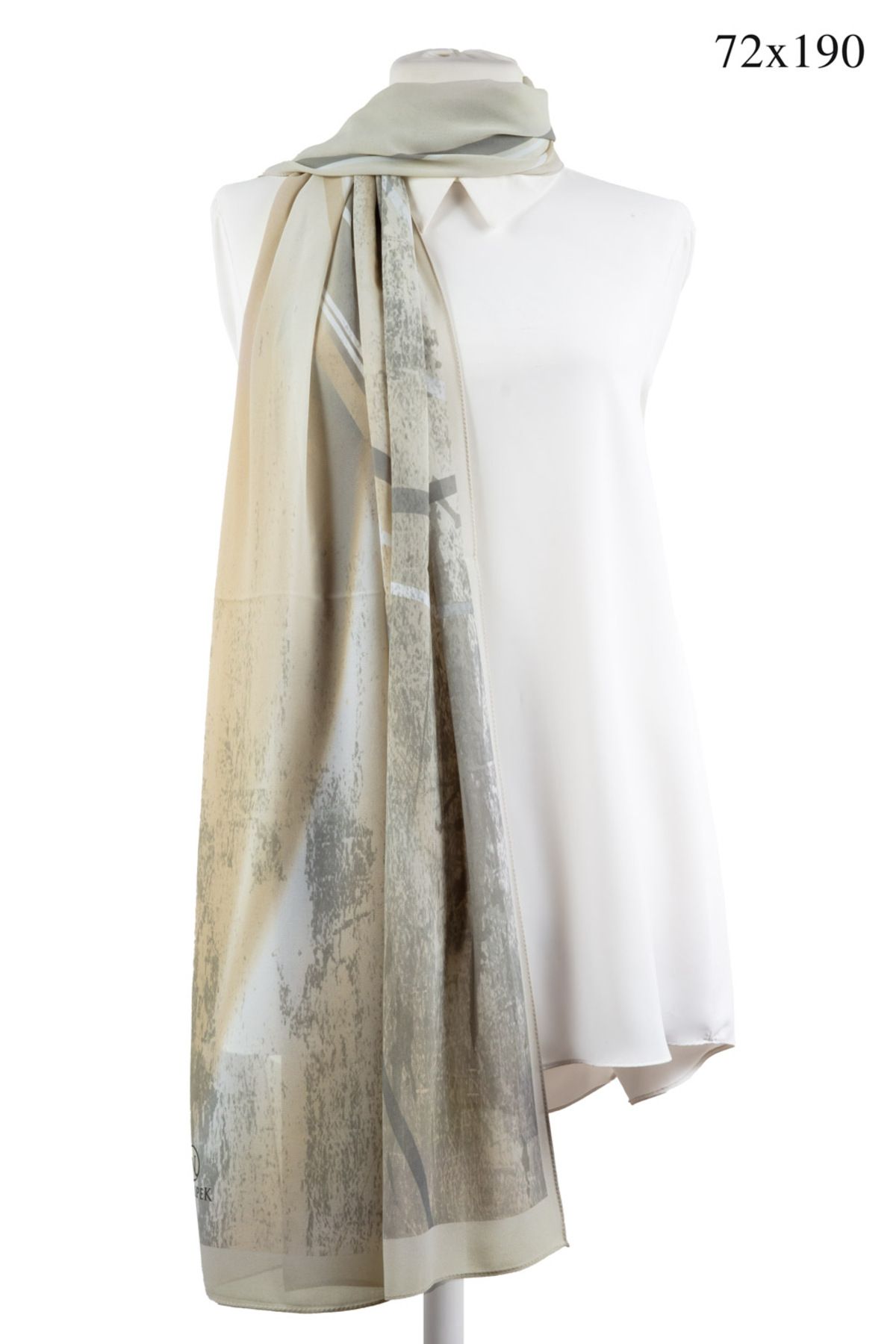 NUR İPEK-Beige and Grey Crepe Shawl - Gradient and Effect Pattern, 70X190, Non-Dirty Italian Stitched 1