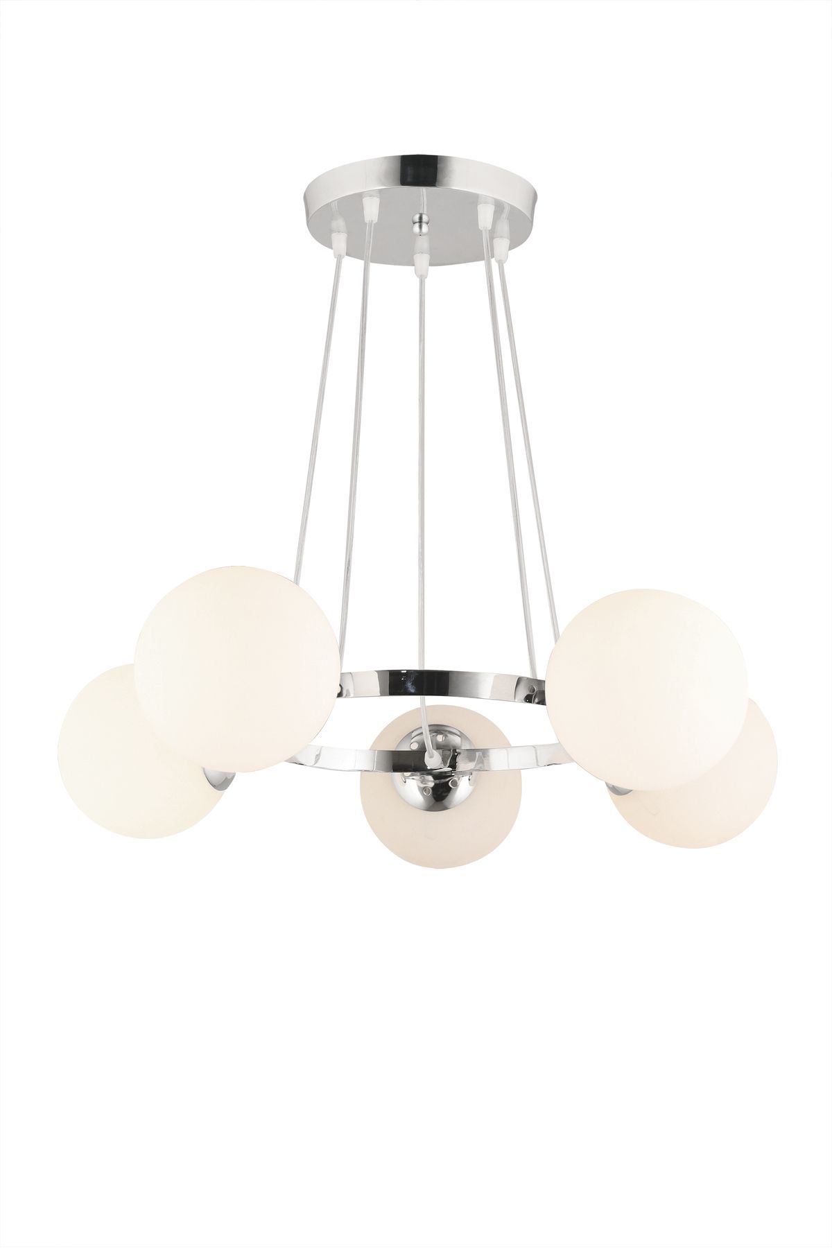 SONSUZ AYDINLATMA&AVİZE-Queen Chrome 5-Piece Ring White Globe Glass Modern Chandelier 3