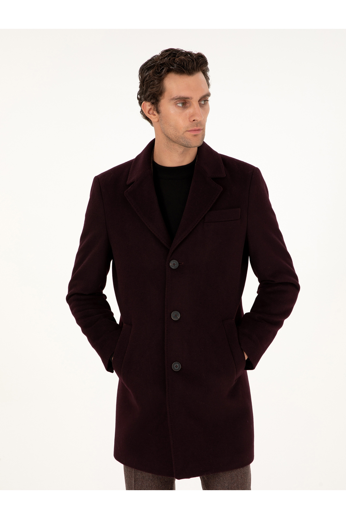 Cacharel Bordo Slim Fit Yün Karışımlı Kaşe Kaban 50292573-VR014 görsel 3
