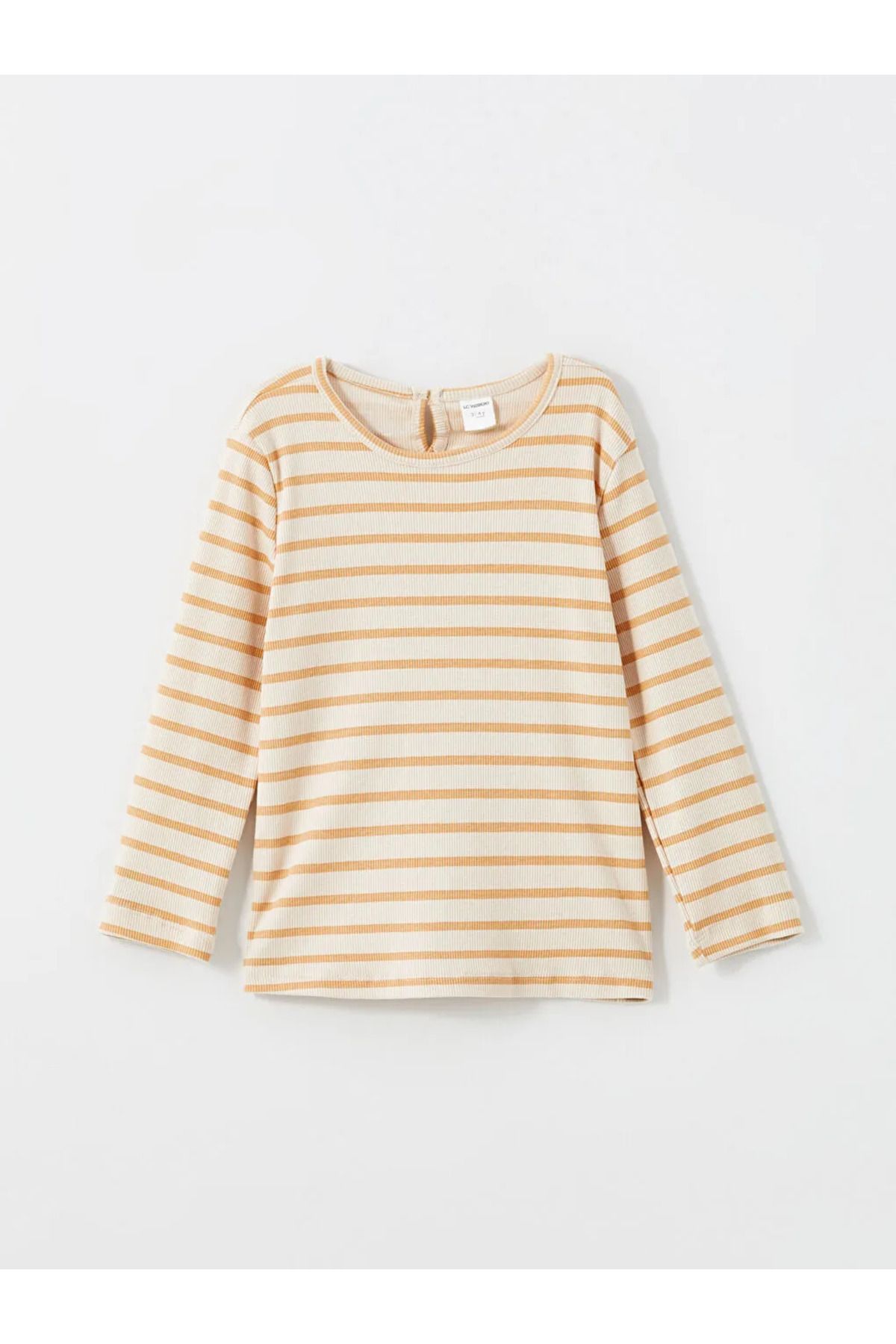 LC Waikiki-Lcw Kids Ecru Crew Neck Striped Velvet Girls' Dress 1