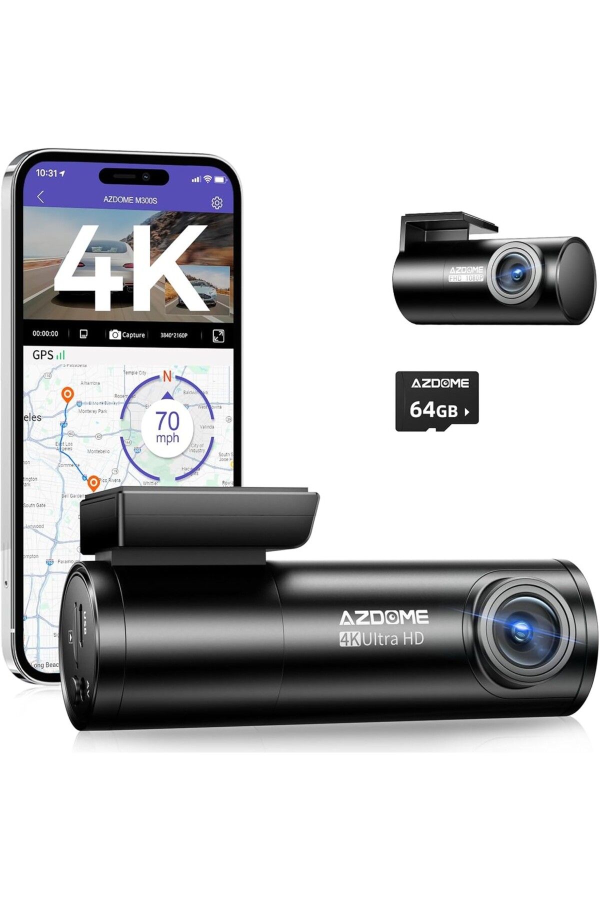 AZDOME M300S 4K Dash Cam, 170° Geniş Açı, Ön ve Arka Kamera, GPS ve Ses Kontrolü