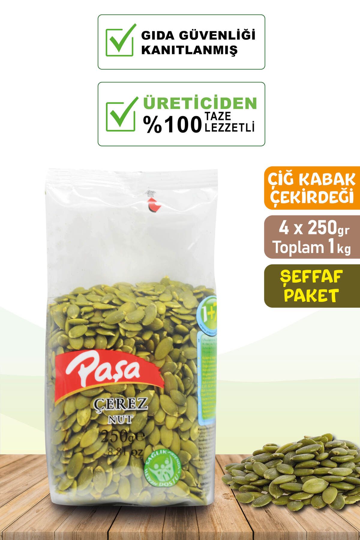 Paşa Kuruyemiş Çiğ Iç Kabak Çekirdeği Şeffaf Paket 250 gr X 4 Adet (TOPLAM 1 KG)