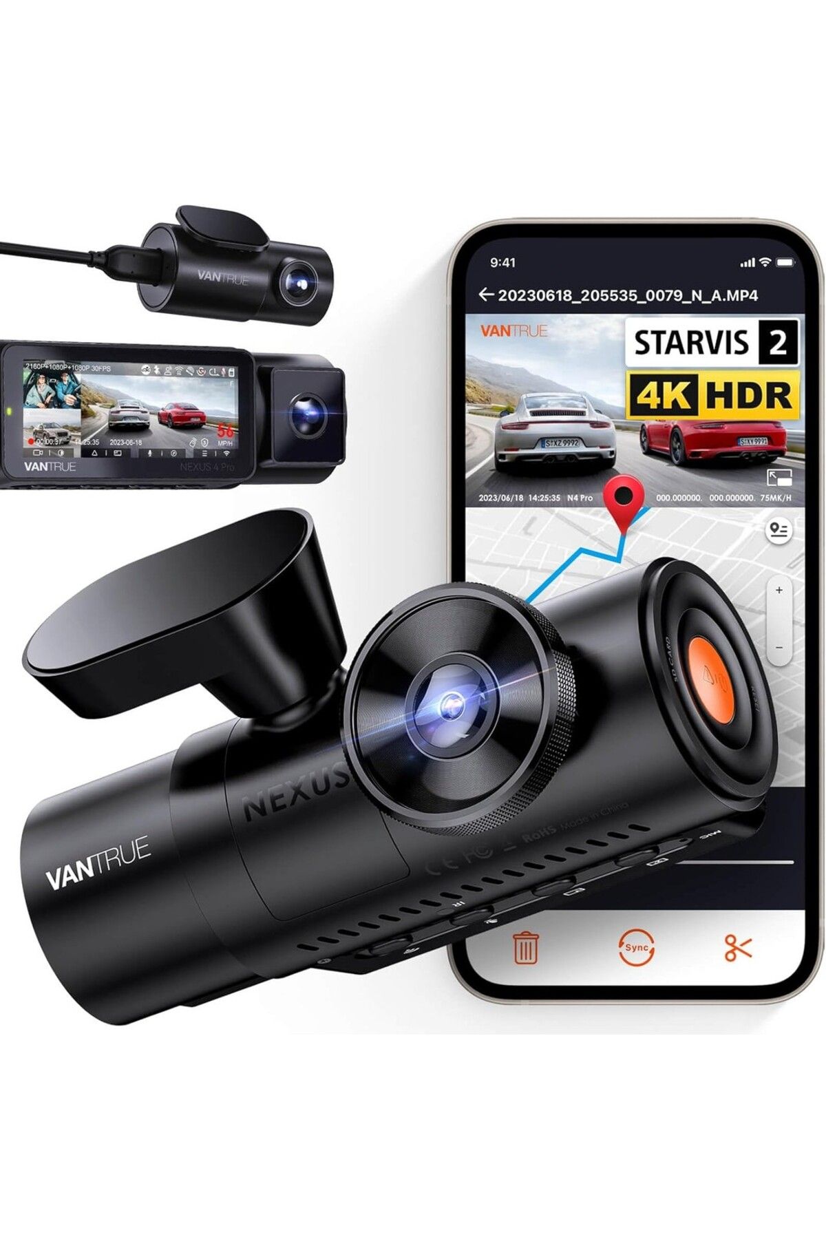 VANTRUE N4 Pro 3 Kanal 4K Araç Kamerası, STARVIS 2 Gece Görüşü, Wi-Fi ve GPS