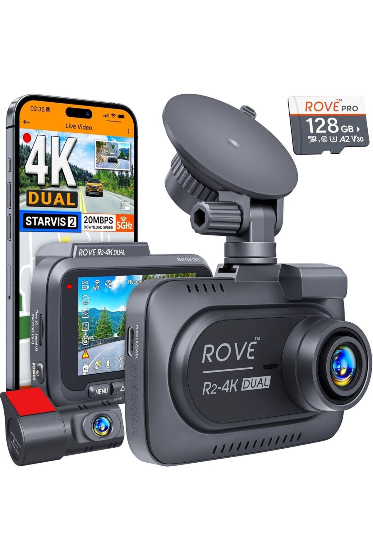 Rove R2-4K DUAL Dash Cam, Ön ve Arka Kamera, 4K 2160P, STARVIS 2 Sensör, 24S Park