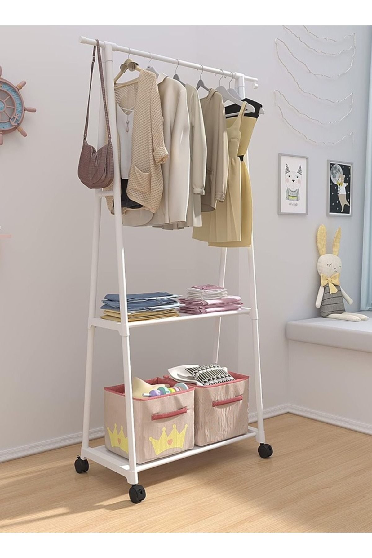 Taimi-Clothes Rack with Wheels - Waterproof, Rustproof, Spacious Storage for Balcony/Outdoor White 2