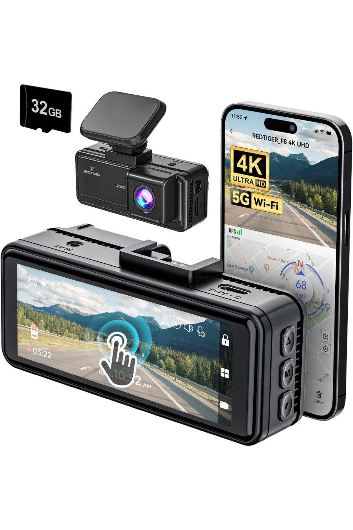 Red Tiger F8 Dash Cam 4K Ön Kamera, 3.18" Dokunmatik Ekran, 5G Wi-Fi, Ultra HD 2160P