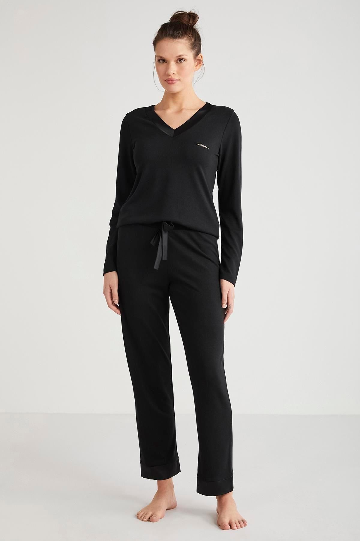 Catherine's-Women's Long Sleeve V Neck Black Pajamas Suit C3T3N4O2 1