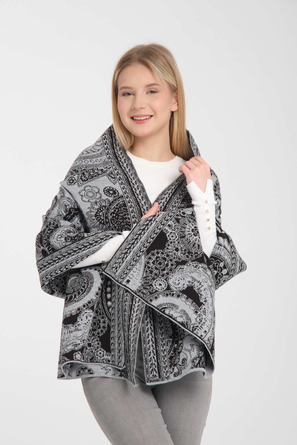 Wega Moda-Ethnic Patterned Comfortable Knitwear Shoulder Shawl - Two-Way Use 3