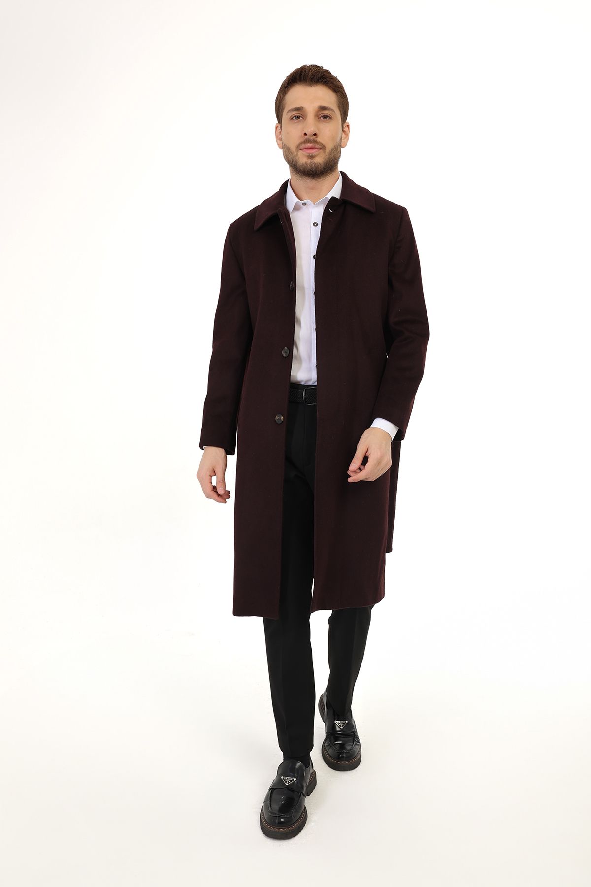 Jan Carlucci-Jancarlucci Men's Wool-Cashmere Blended Burgundy Belted Stamped Long Coat 2