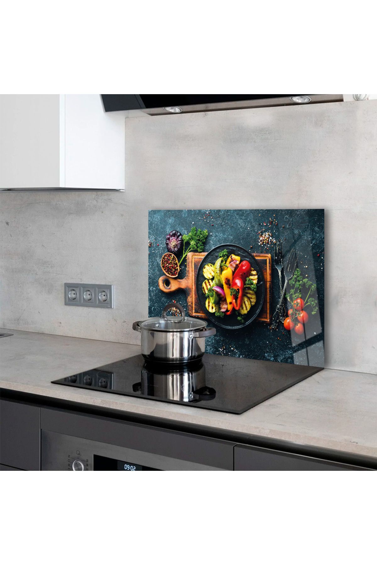 Zevahir Mobilya Dekorasyon-Spices and Vegetables on a Tempered Glass Table on the Back of the Stove 7