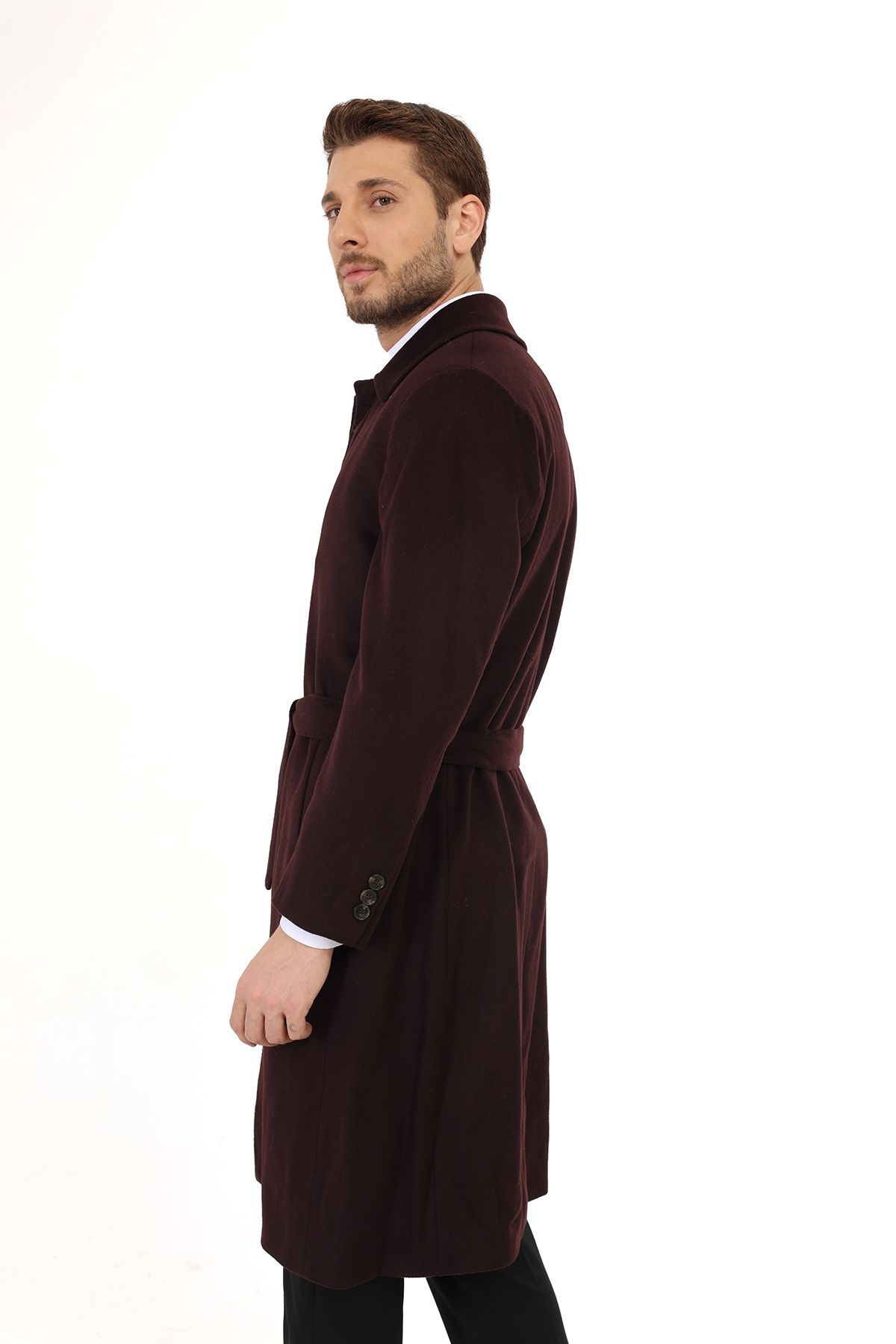 Jan Carlucci-Jancarlucci Men's Wool-Cashmere Blended Burgundy Belted Stamped Long Coat 4