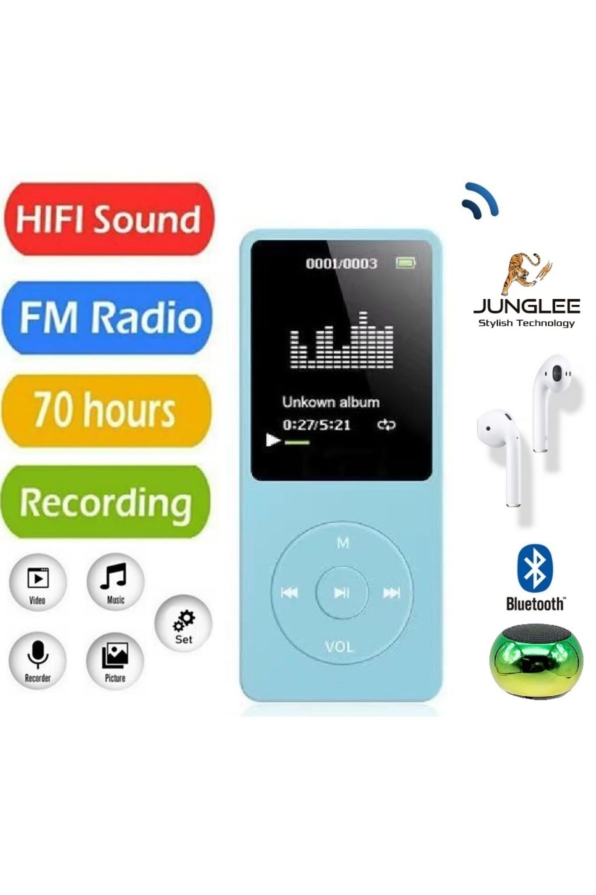 JUNGLEE 8GB DAHİLİ HAFIZALI BLUETOOTHLU MP3-MP4 ÇALAR SES KAYIT FM RADİO DAHİLİ HOPARLÖR EKRANLI MÜZİK ÇALAR