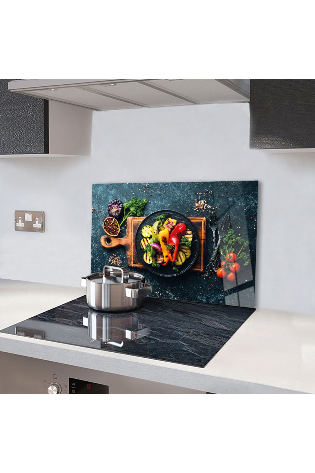 Zevahir Mobilya Dekorasyon-Spices and Vegetables on a Tempered Glass Table on the Back of the Stove 5