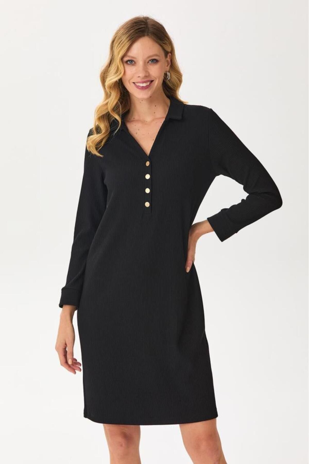 İKİLER-Front Button Polo Neck Dress 245-2512 4