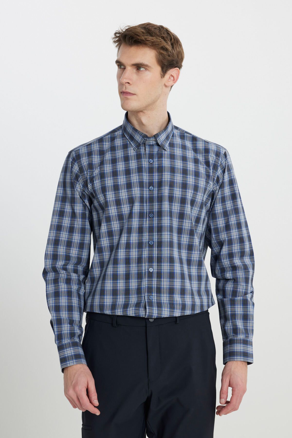 ALTINYILDIZ CLASSICS-Men's Grey-Navy Comfort Fit Relaxed Fit Hidden Button Collar 100% Organic Cotton Checked Shirt 4