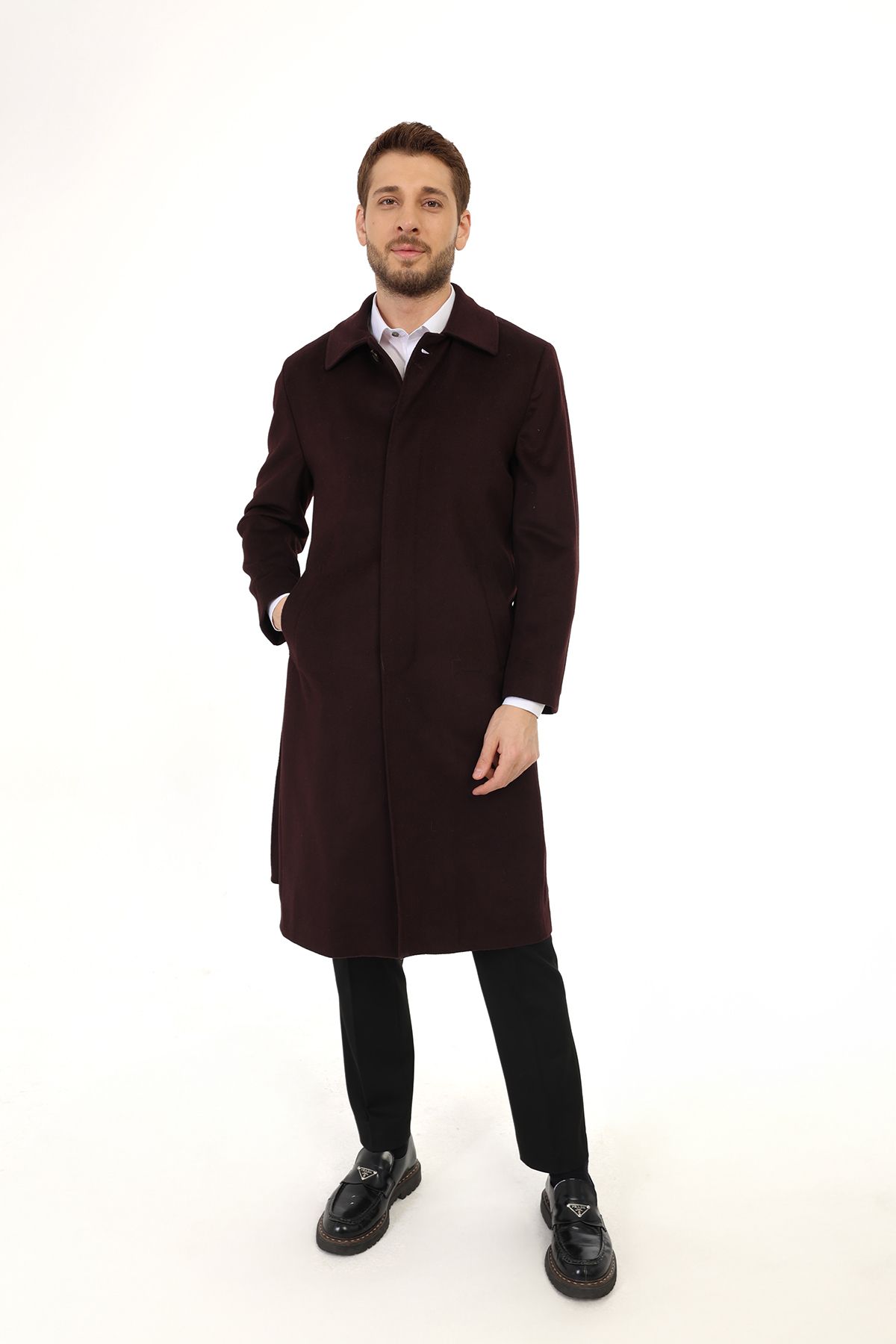 Jan Carlucci-Jancarlucci Men's Wool-Cashmere Blended Burgundy Belted Stamped Long Coat 1