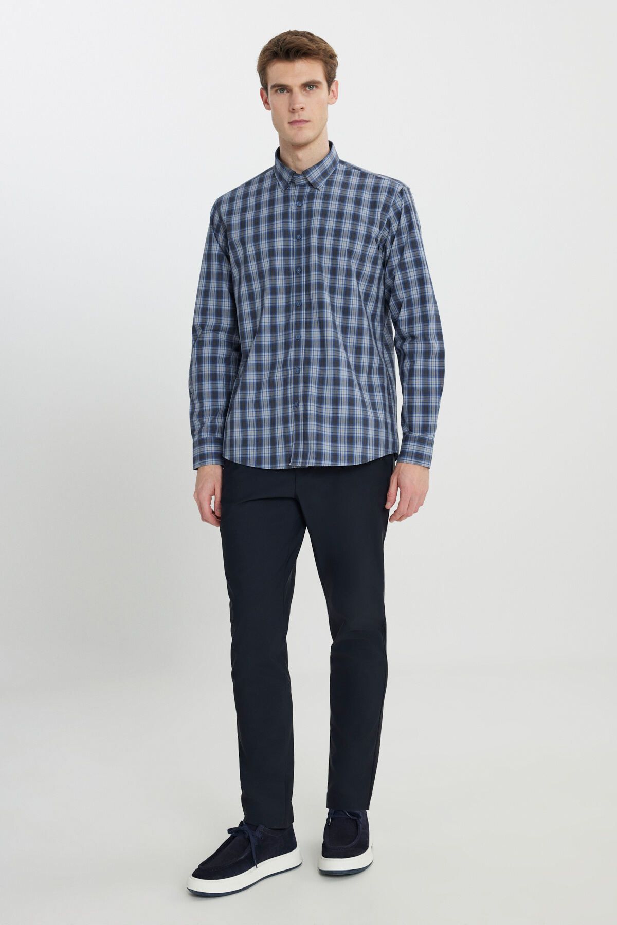 ALTINYILDIZ CLASSICS-Men's Grey-Navy Comfort Fit Relaxed Fit Hidden Button Collar 100% Organic Cotton Checked Shirt 2