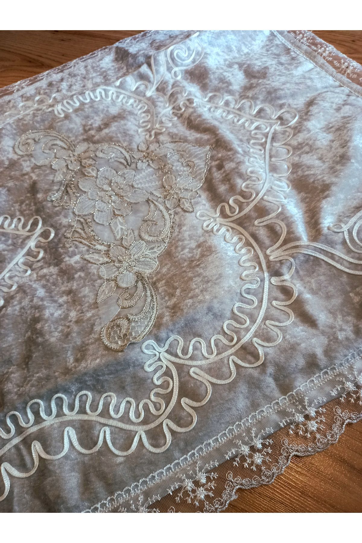 French Lacy Grey Velvet Prayer Sheet. Velvet Dowry Groom Bundle Prayer Sheet with Rattan Guipure Embroidery