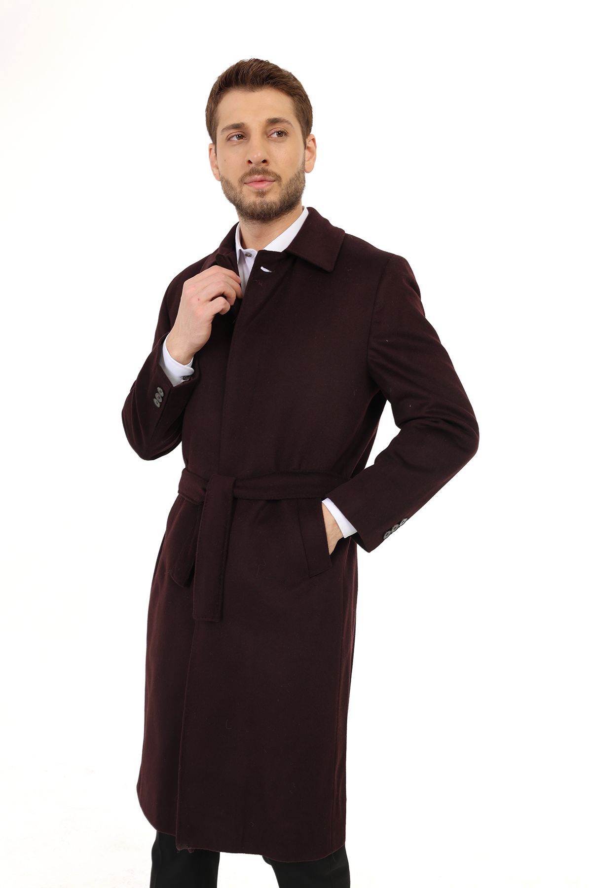 Jan Carlucci-Jancarlucci Men's Wool-Cashmere Blended Burgundy Belted Stamped Long Coat 3