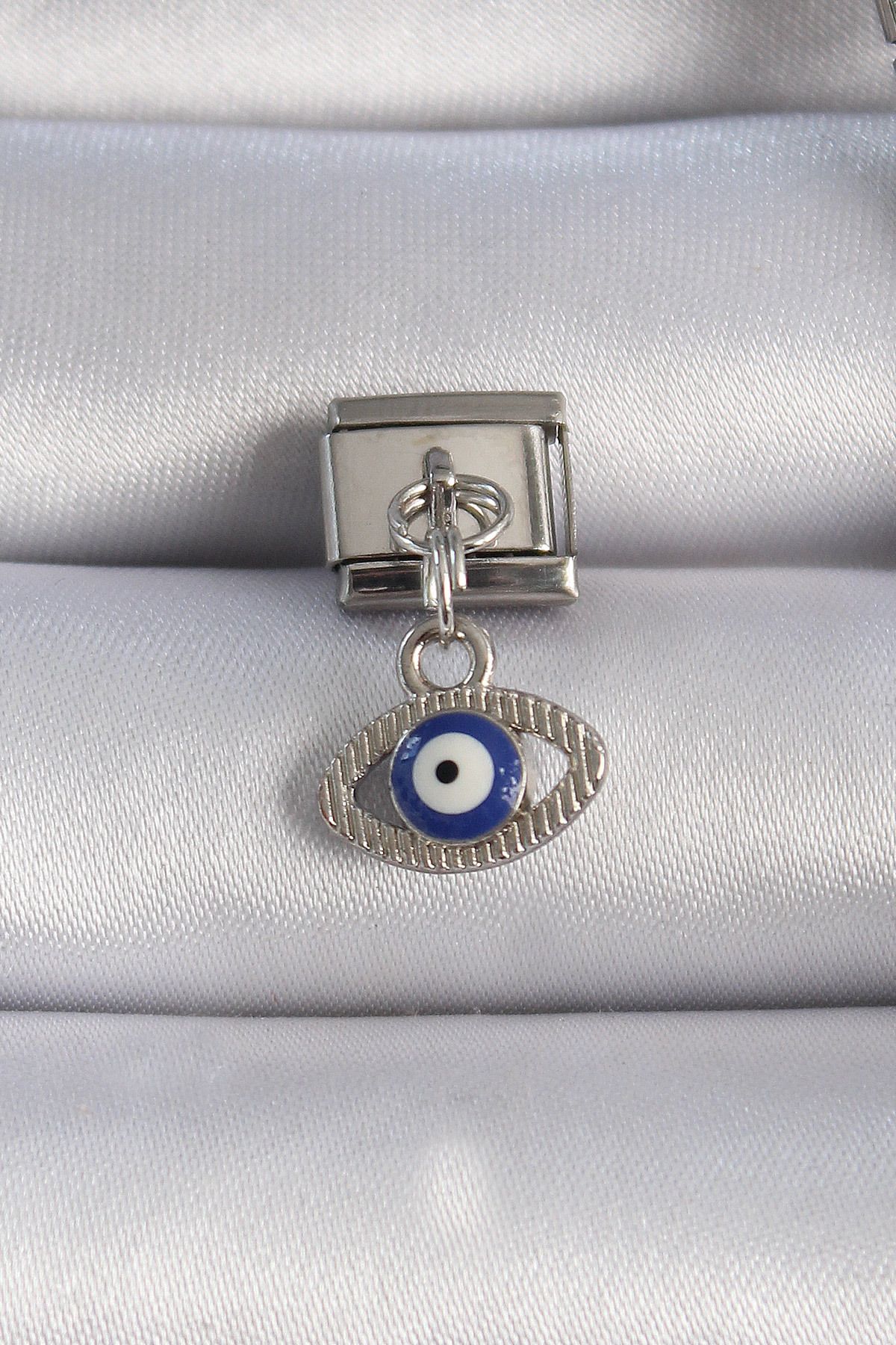 Toptan Bulurum-316L Steel Silver - Nomination Charm with Dangle Eye Figure and Evil Eye Beads Detail - Tj-Bc1044 1