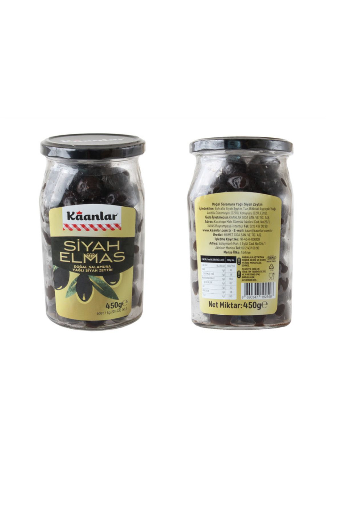 Kaanlar Doğal Salamura Yağlı Siyah Zeytin 'SİYAH ELMAS ' 450 Gr (201-230 ) xl