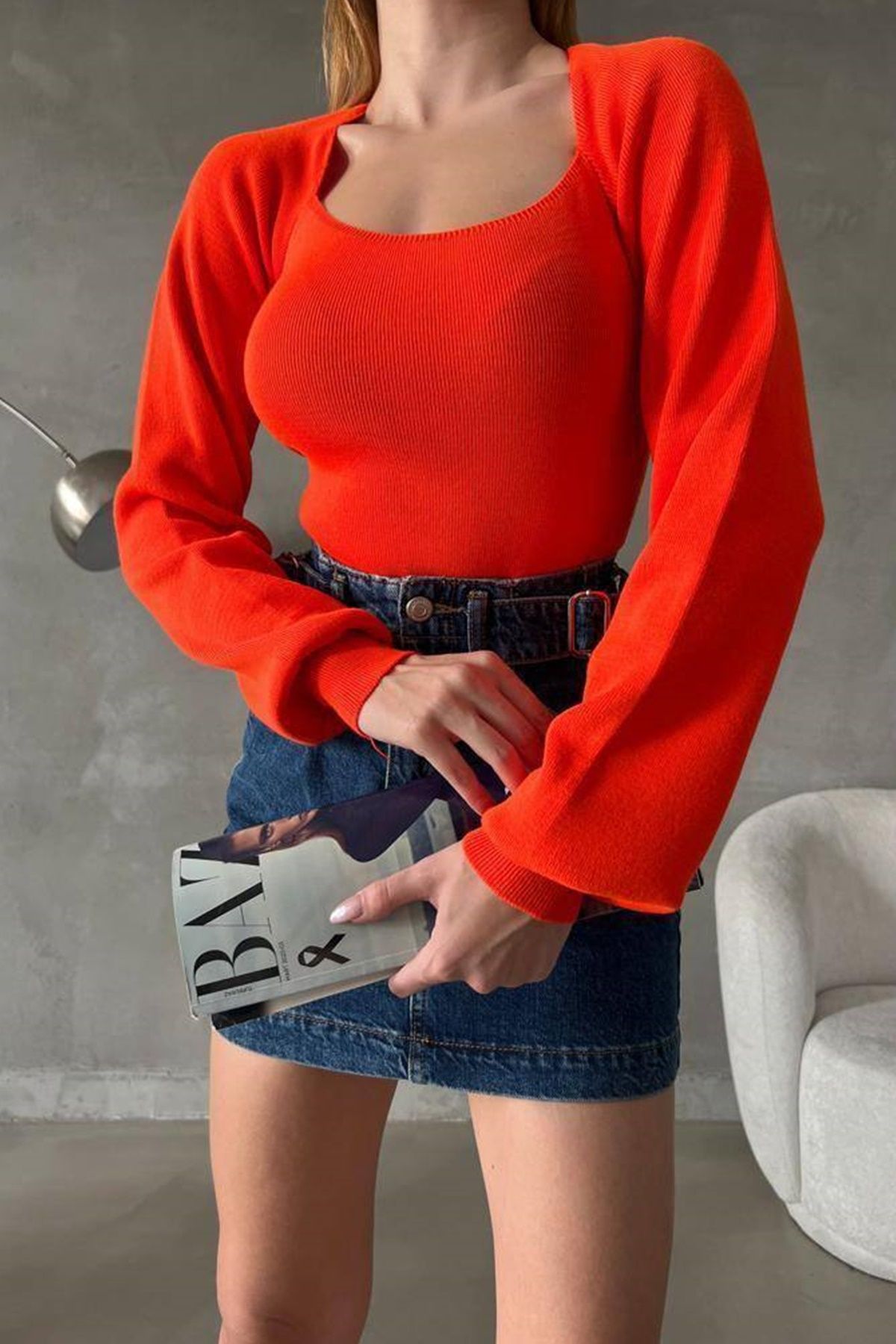 bayansepeti-Stretchy Orange Knitwear Fabric Square Neck Long Sleeve Knitwear Blouse 0217 5