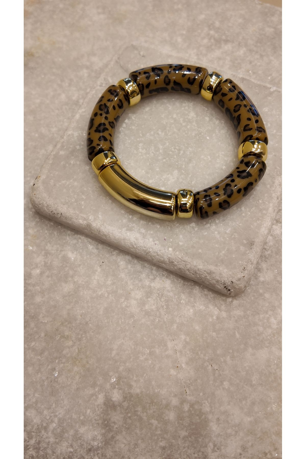 Selen Aksesuar-Bone Leopard Patterned Women's Bracelet with Gold Detail 3