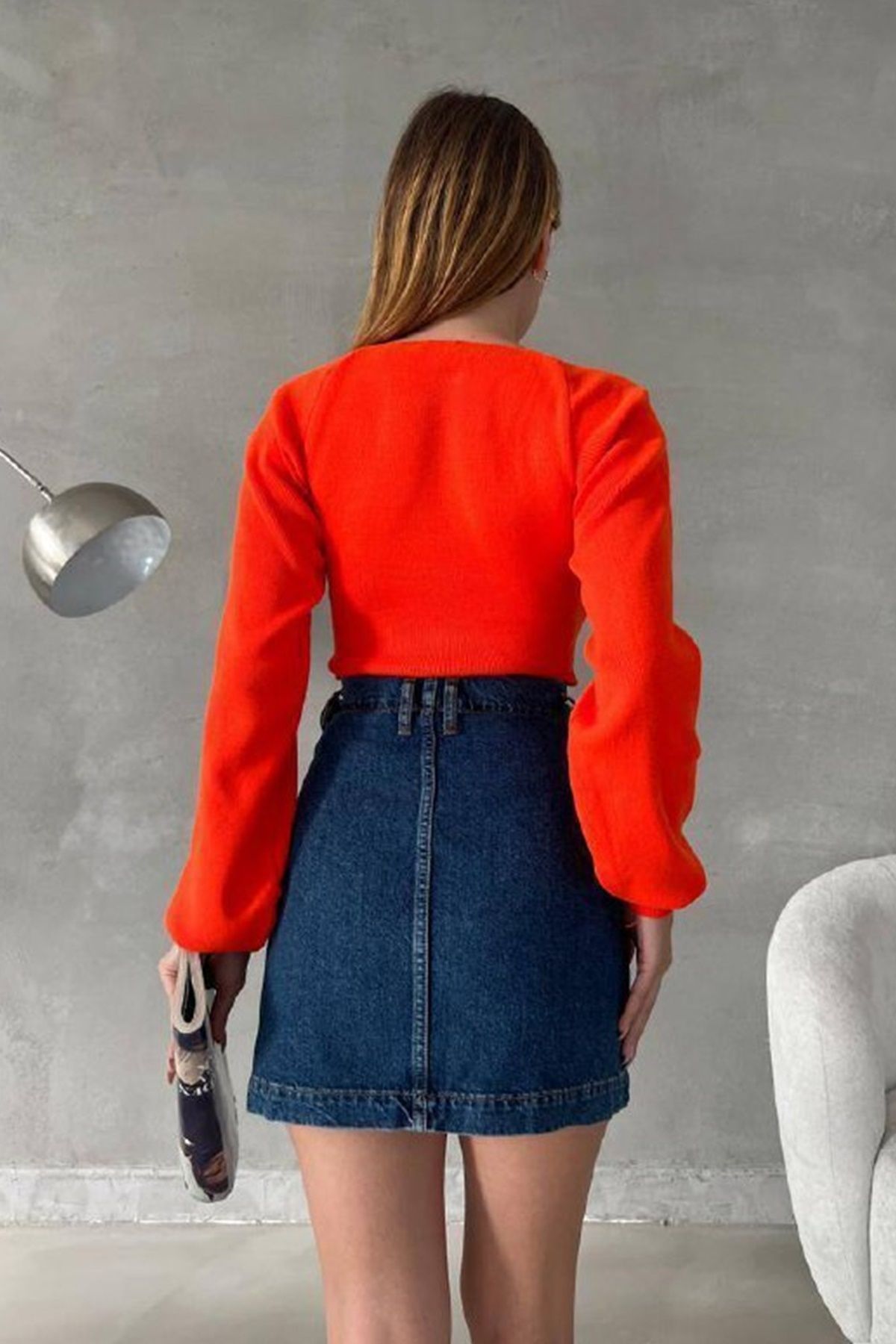 bayansepeti-Stretchy Orange Knitwear Fabric Square Neck Long Sleeve Knitwear Blouse 0217 2