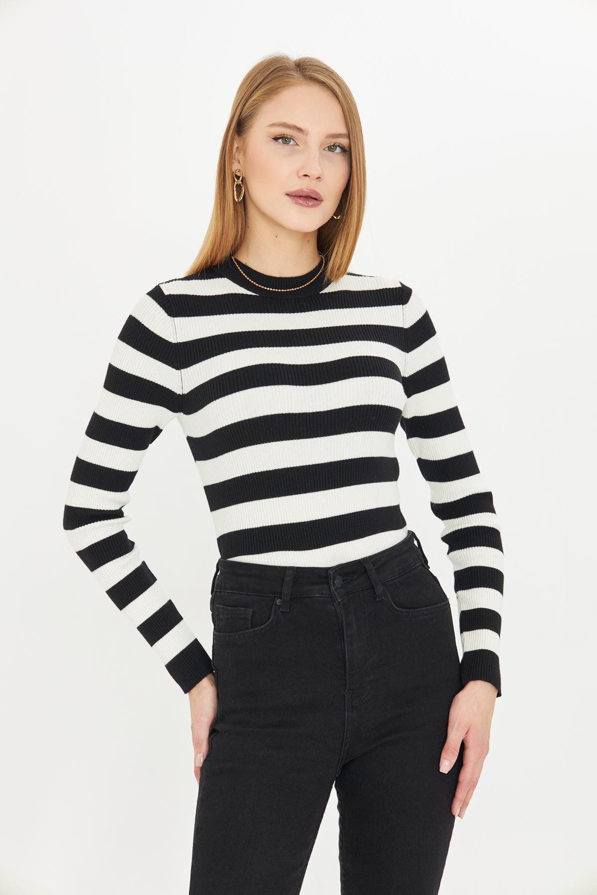 Irmak Kerekli Pulover De Damă Din Tricot Din Lycra Cu Nervuri Negru-crem Femeie - Standard