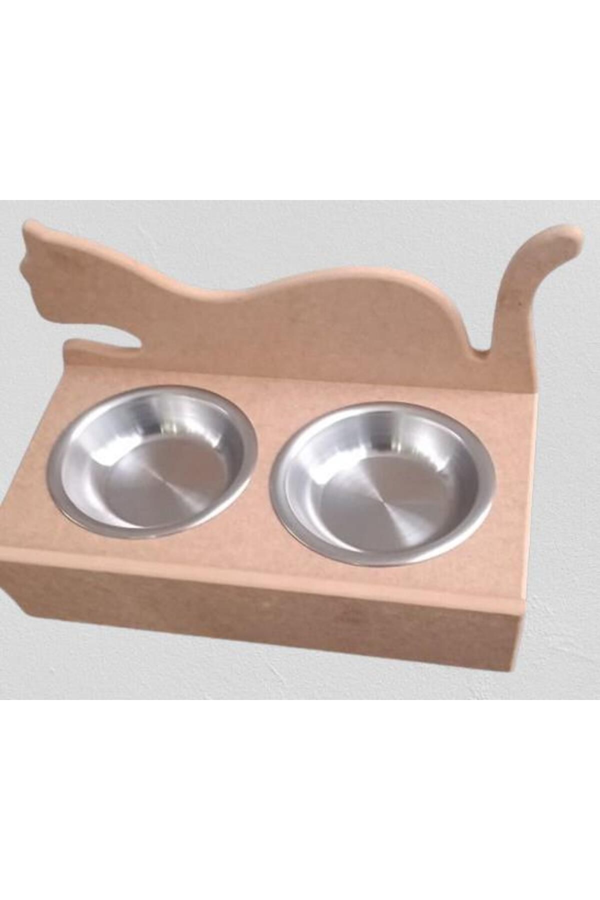 BENGİ TİCARET-Hobby Erc 90368 Model - Wooden MDF Raw Stainless Cat Food and Water Bowl Handmade 4