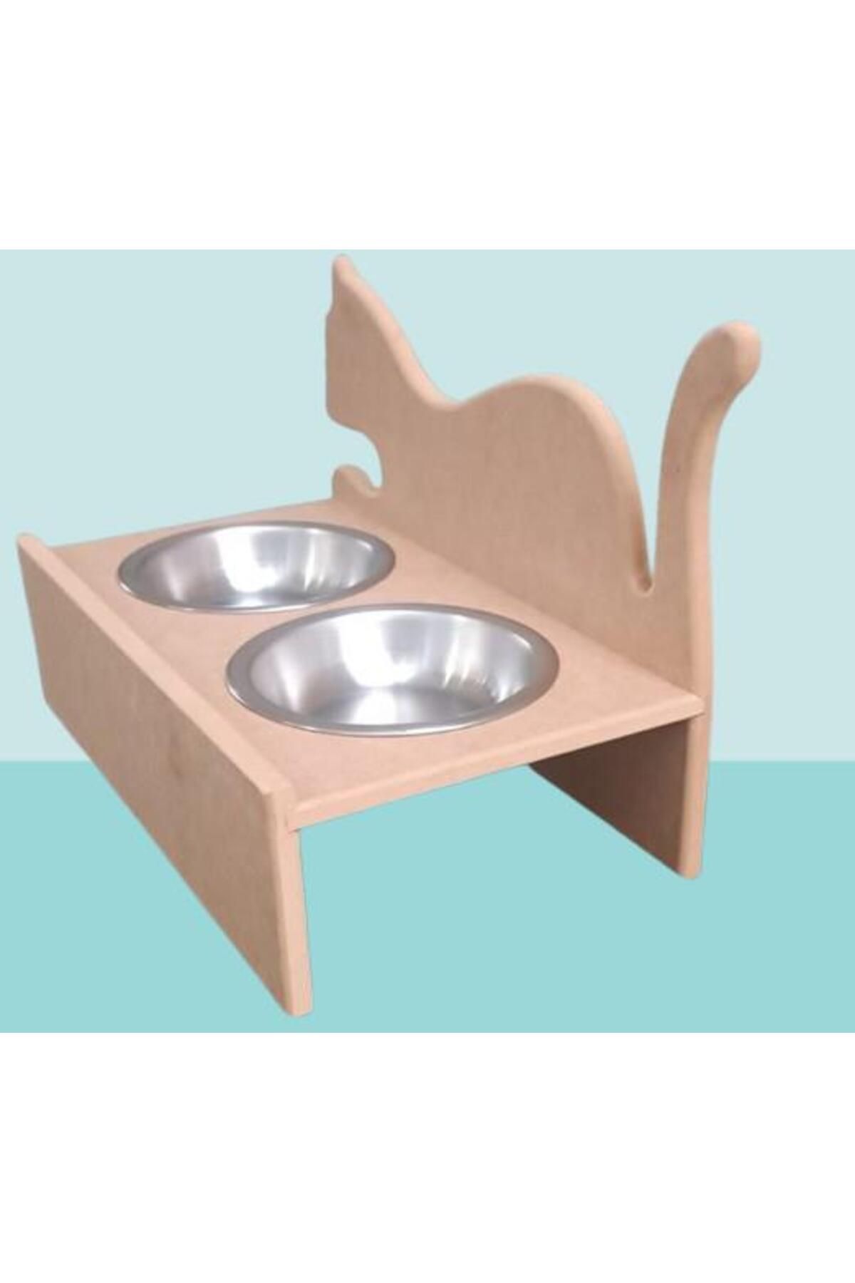 BENGİ TİCARET-Hobby Erc 90368 Model - Wooden MDF Raw Stainless Cat Food and Water Bowl Handmade 5