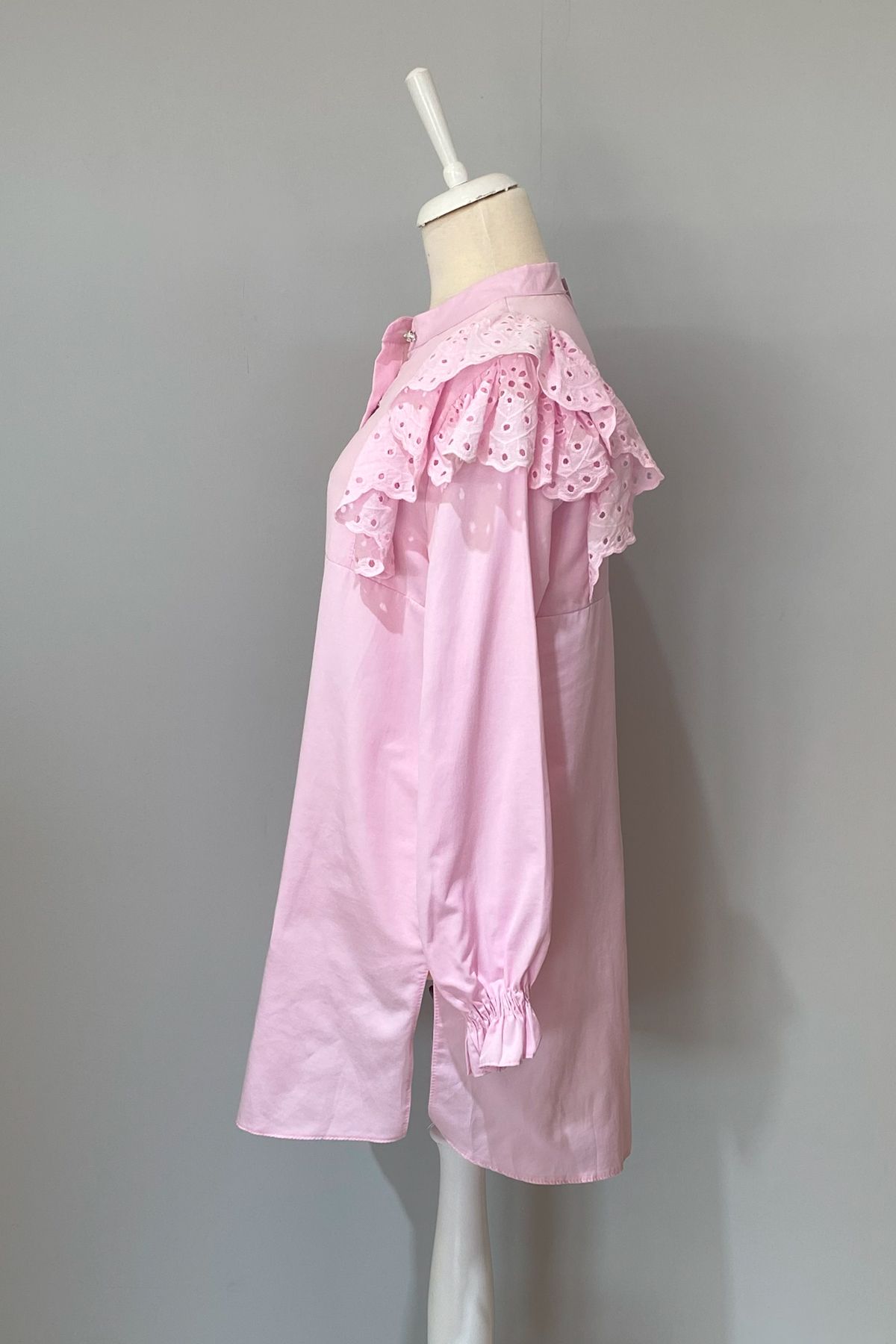 Lale Butik-Sahra Pink Cotton Satin Tunic Shirt - Scalloped Ruffle Detail 4114 2