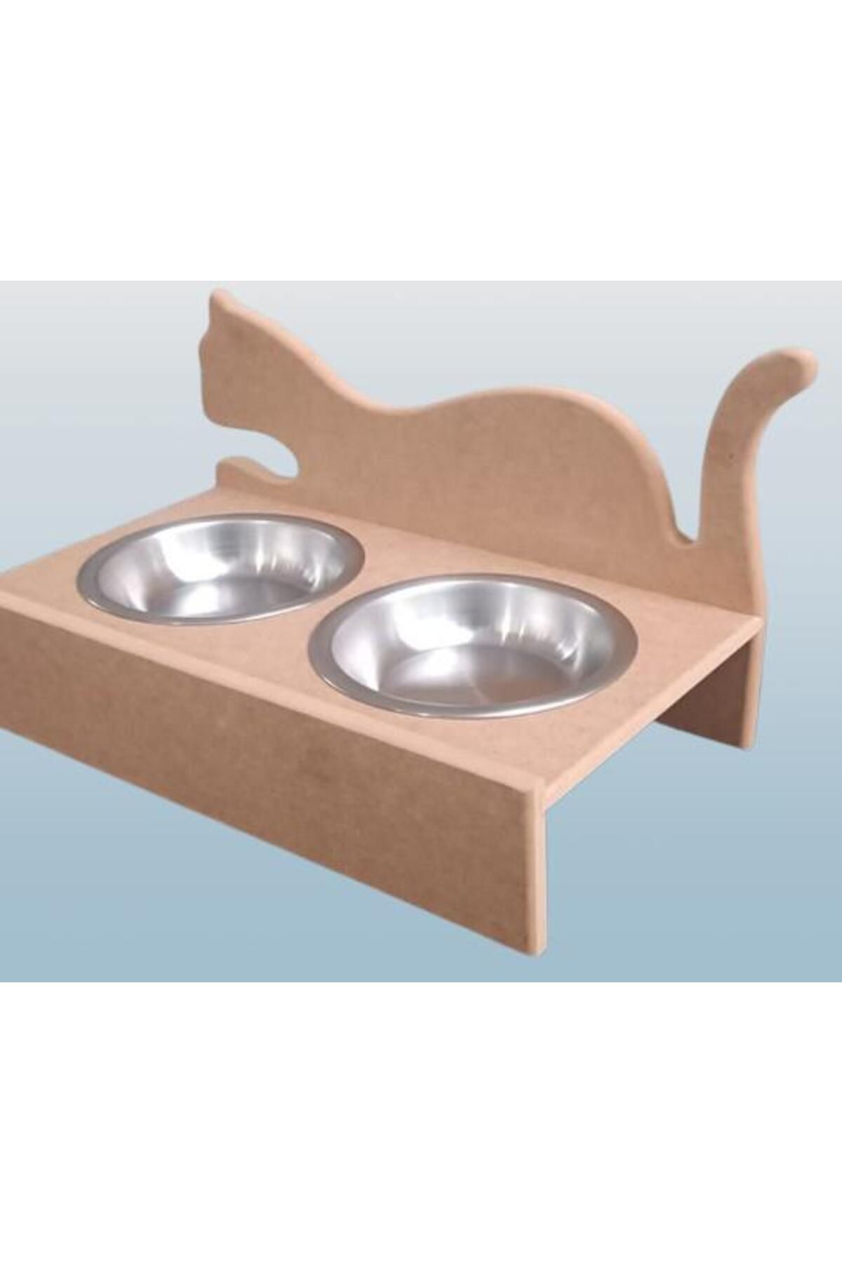 BENGİ TİCARET-Hobby Erc 90368 Model - Wooden MDF Raw Stainless Cat Food and Water Bowl Handmade 8