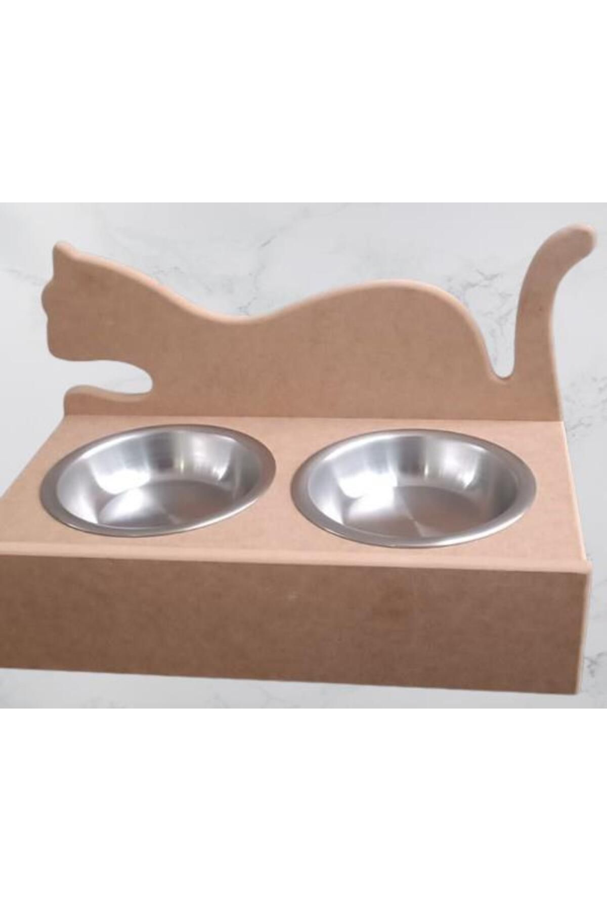 BENGİ TİCARET-Hobby Erc 90368 Model - Wooden MDF Raw Stainless Cat Food and Water Bowl Handmade 7