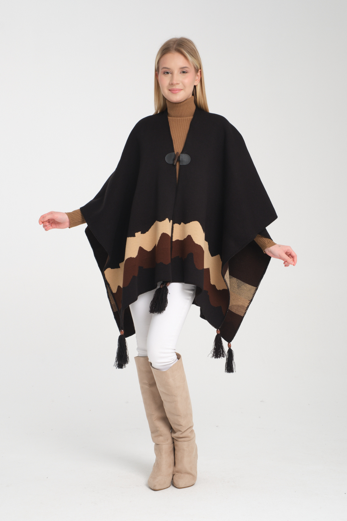 Wega Moda Wave Desenli Panço, Balıkçı Dikişli Düğme Detaylı Panço, Dış Giyim Panço,Triko Örğü Şık Panço, Panço