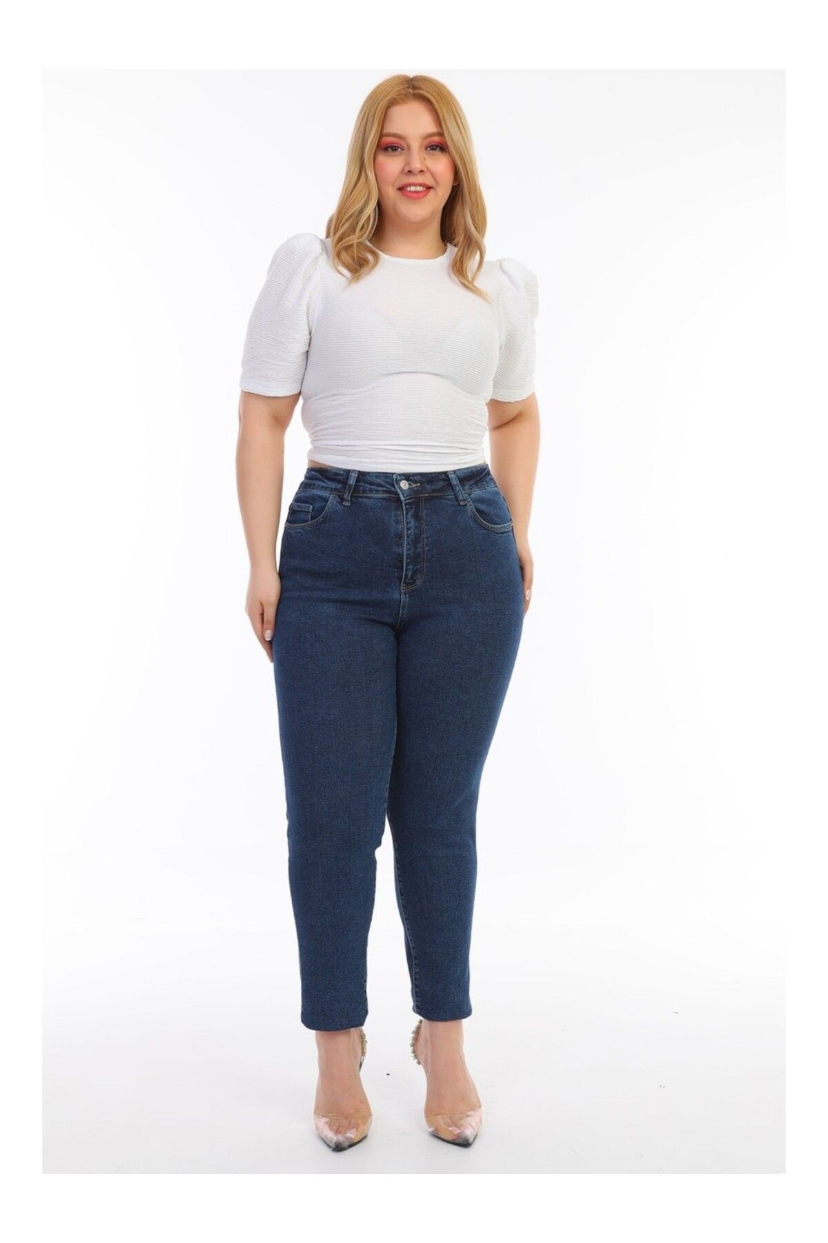 TRENDNATUREL-Pantaloni Ramrod Plus Size Bleumarin Lycra Mom Jean 2